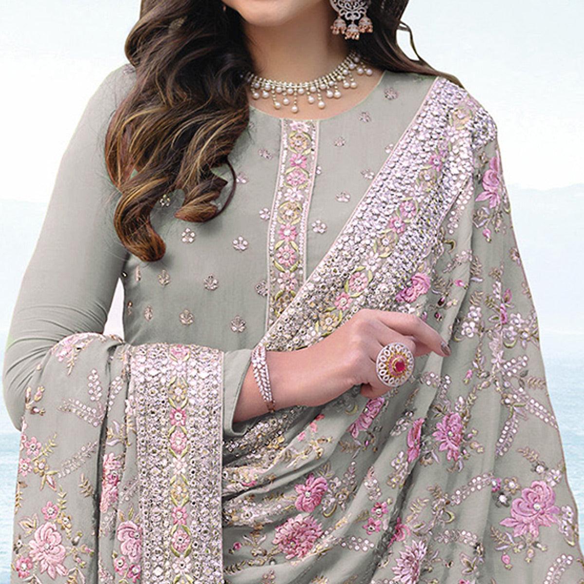 Peachmode Light Green Embroidered With Embellished Georgette Salwar Suit - view 2