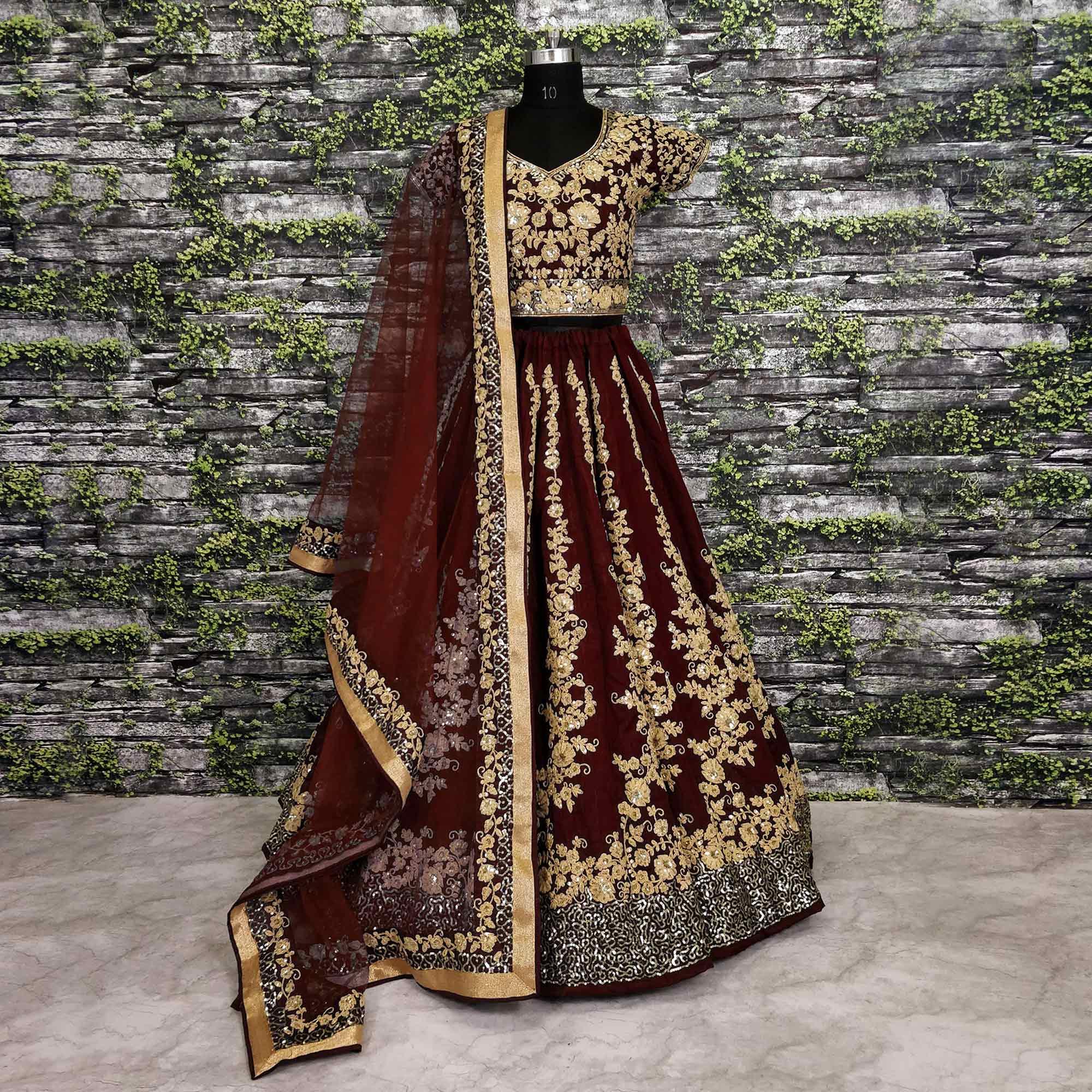 Peachmode Impressive Maroon Colored Designer Partywear Raw Silk Lehenga Choli