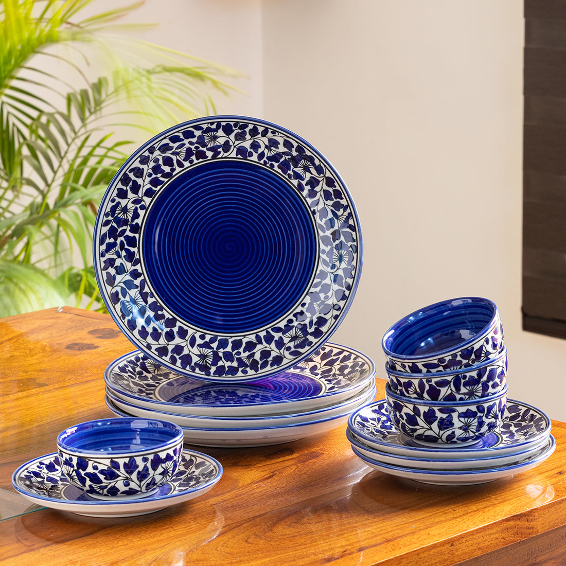 EXCLUSIVELANE 'Badamwari Bagheecha-2' Handpainted Ceramic Dinner Plates With Side/Quarter Plates & Dinner Katoris (12 Pieces, Serving for 4, Microwave
