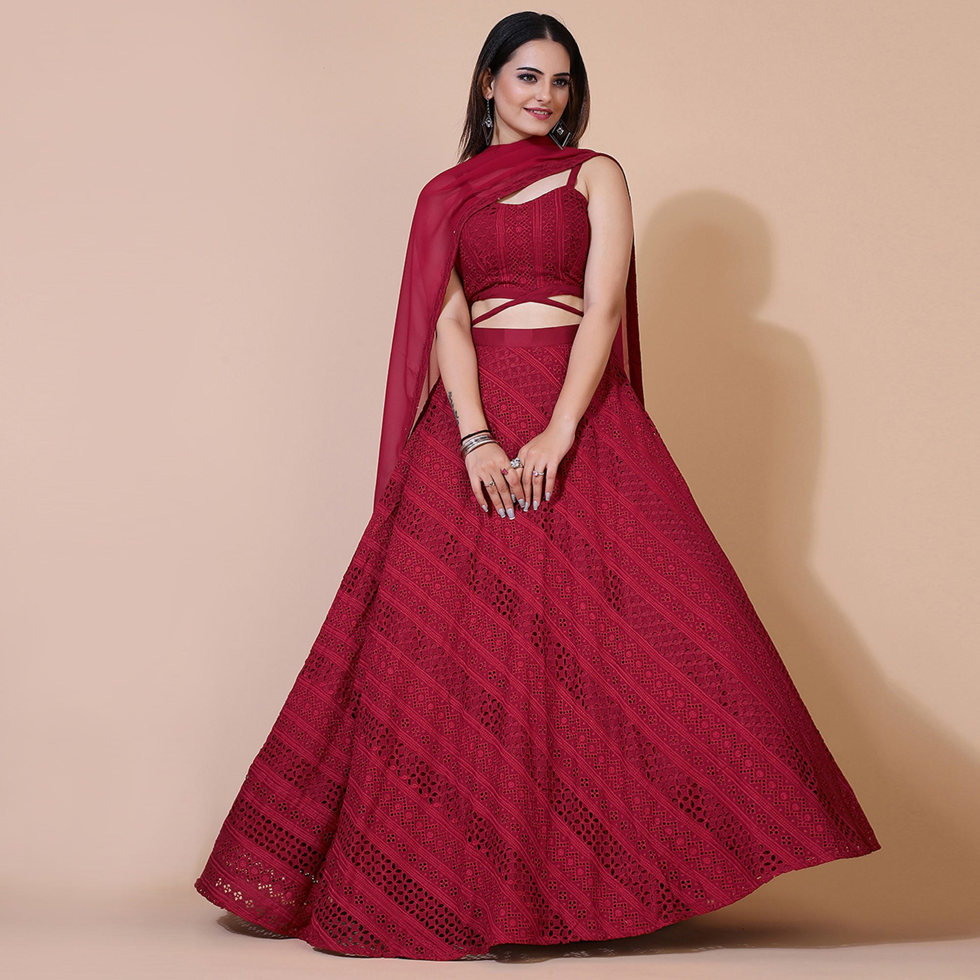 Peachmode Seller Maroon Lucknowi Chikankari Work Rayon Lehenga Choli