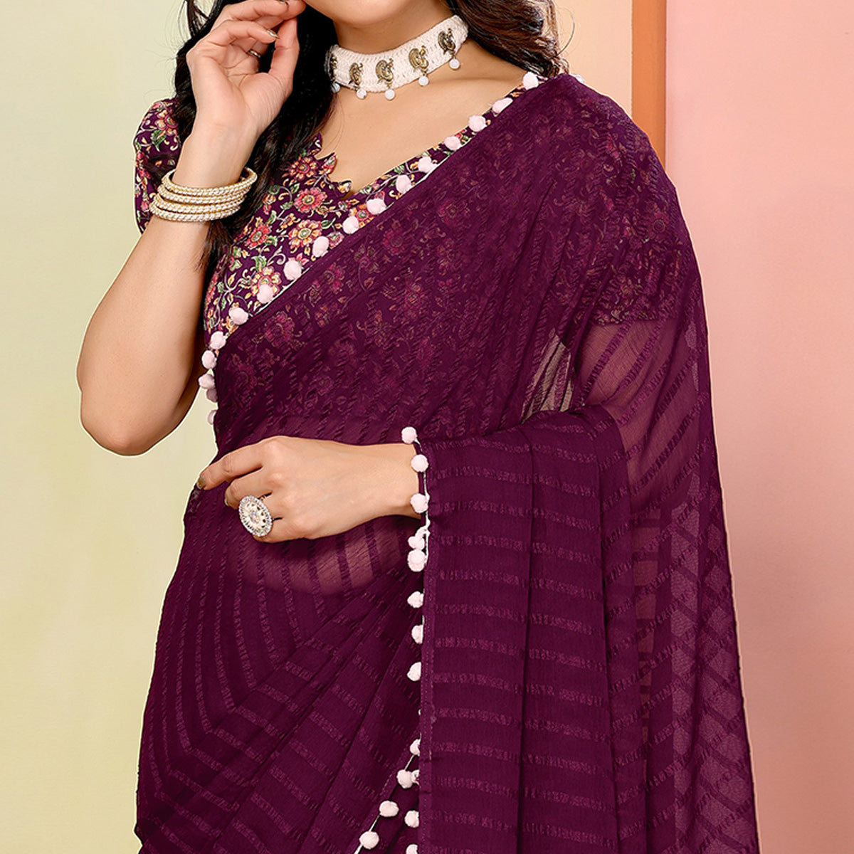 Peachmode Purple Woven Striped Pattern Georgette Saree - view 3
