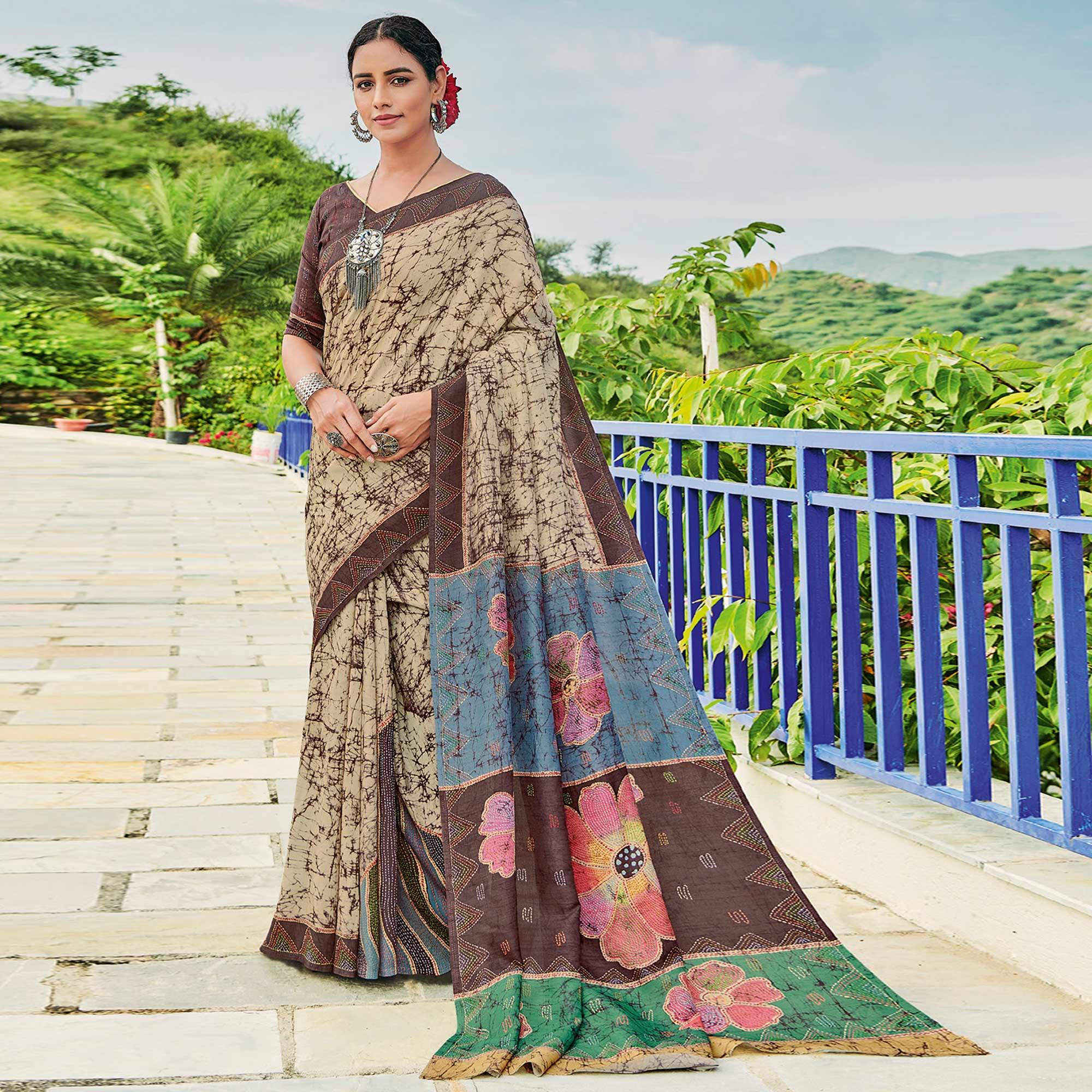 Peachmode Chikoo Printed Cotton Silk Saree – Women's