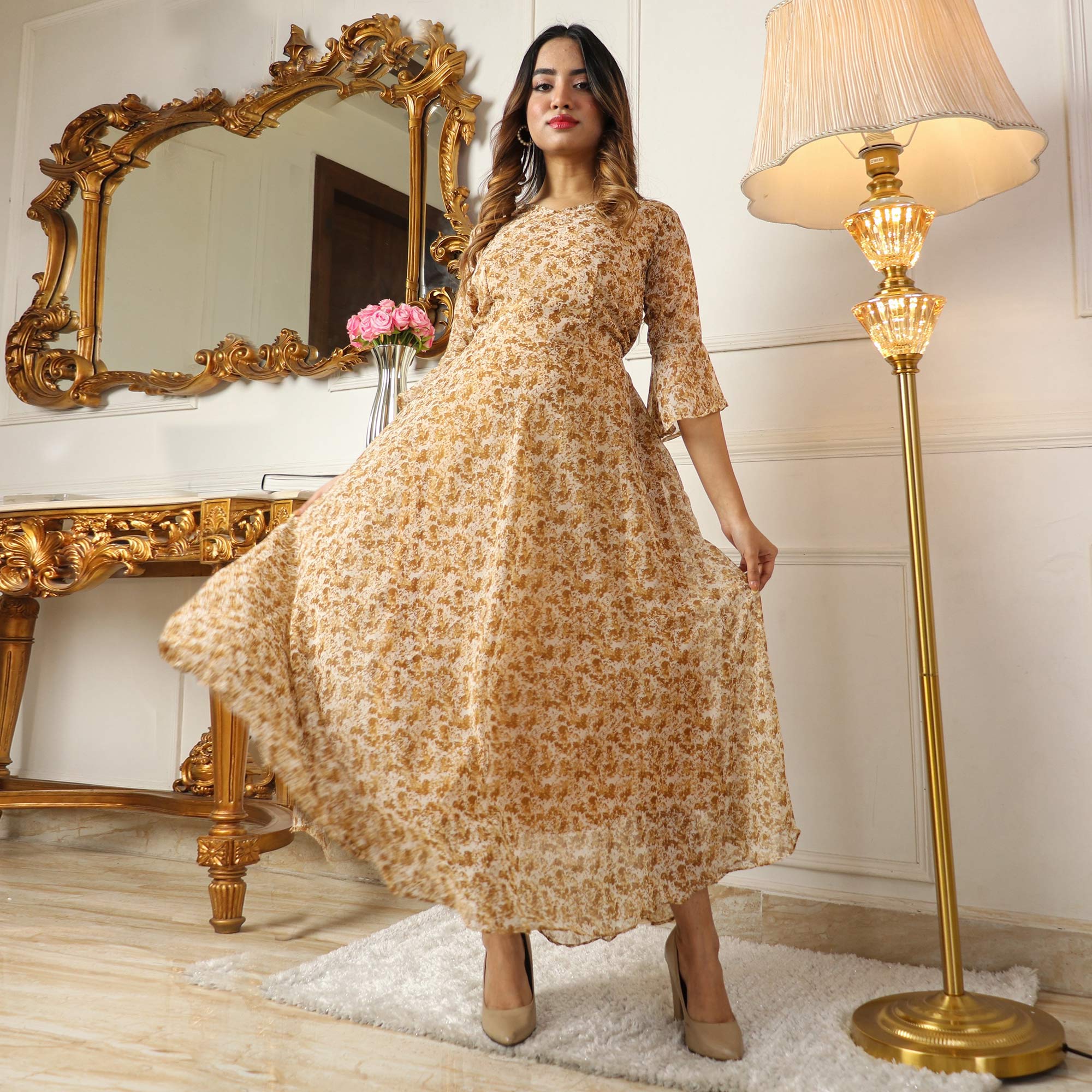 Peachmode Seller Brown Printed Georgette Dress