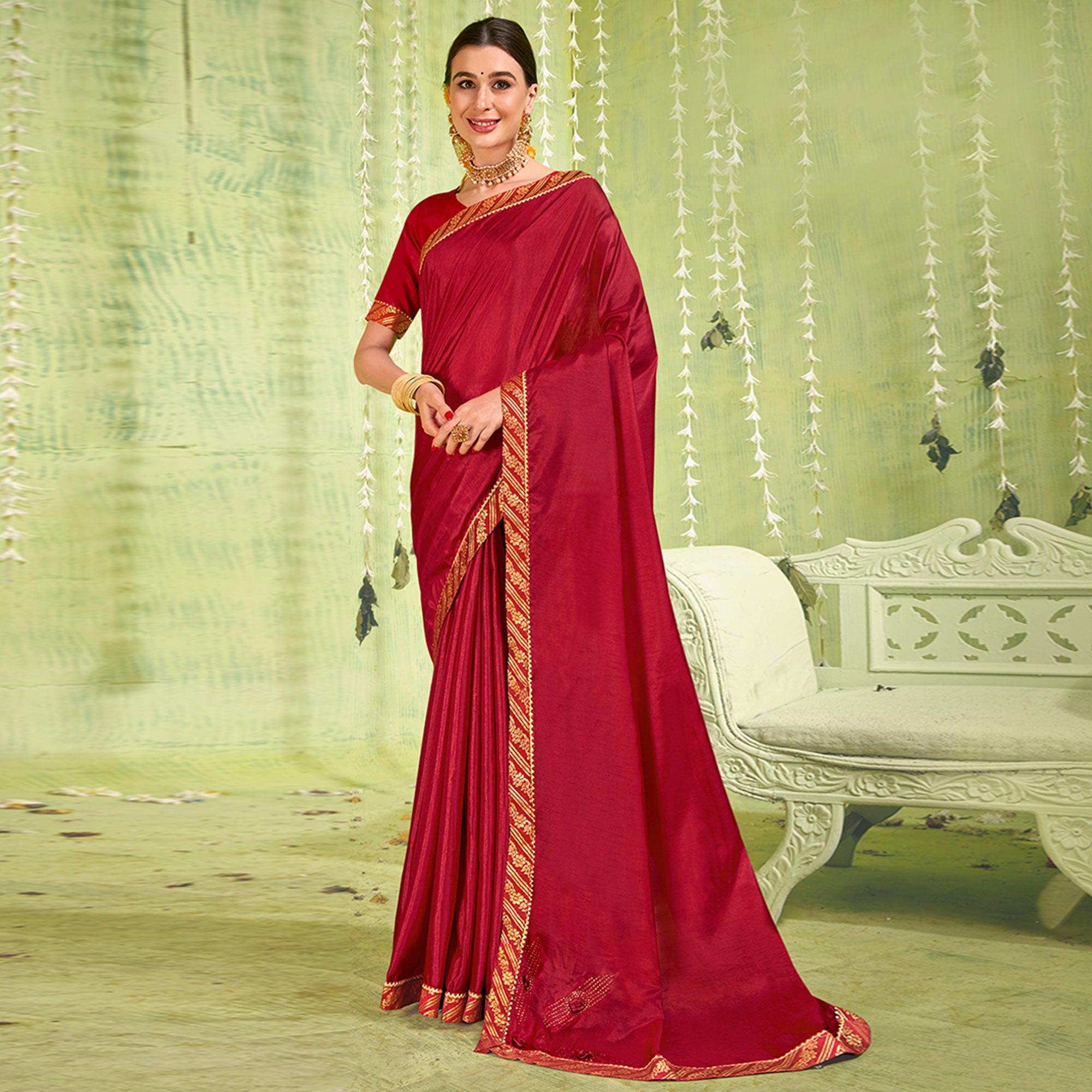 Peachmode Maroon Solid With Fancy Border Vichitra Silk Saree