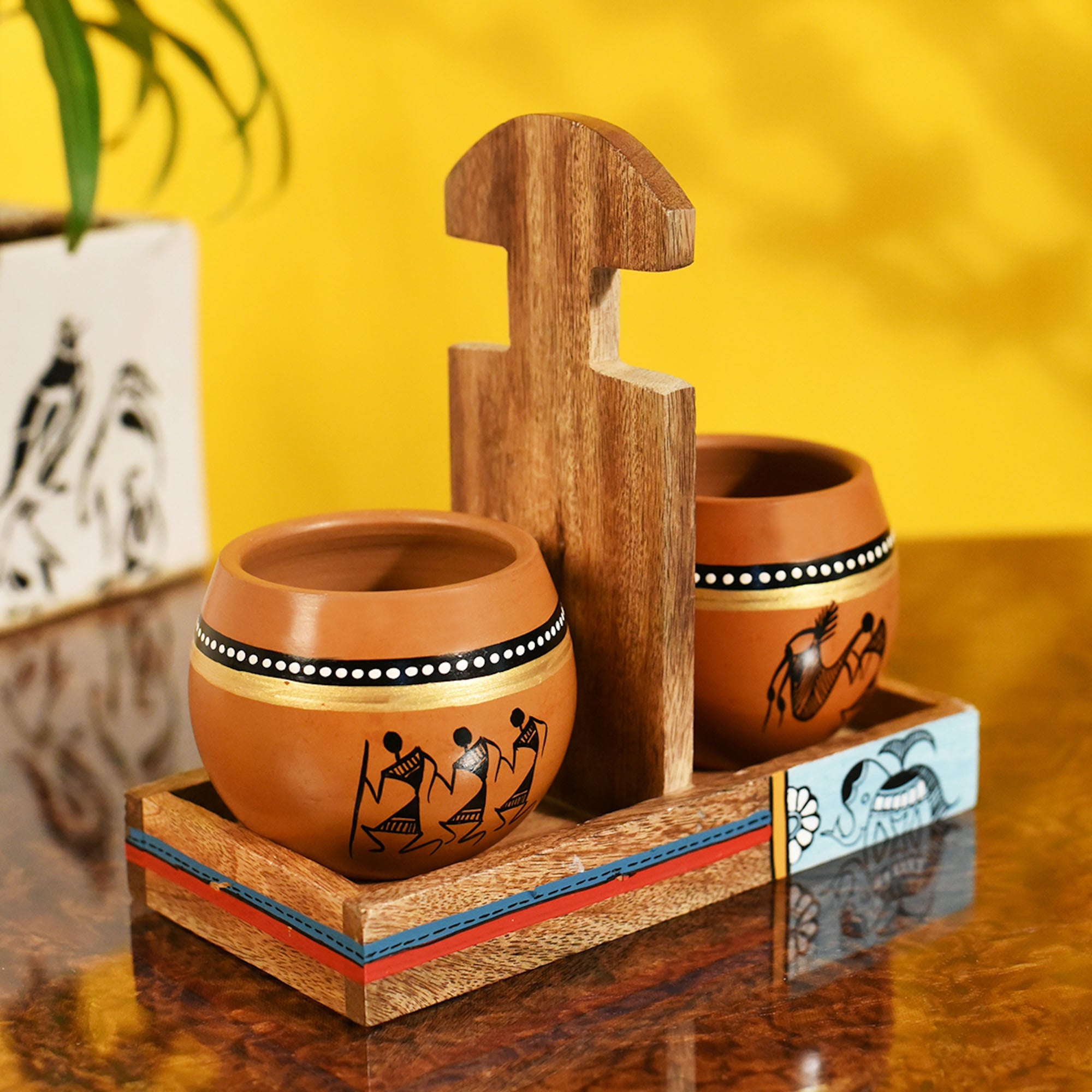 ART CREATIONS BY SUMAN SONTHALIA Brown - Cup Holder & 2 Earthen Kullad (Set of 3) (7x3.3x7)