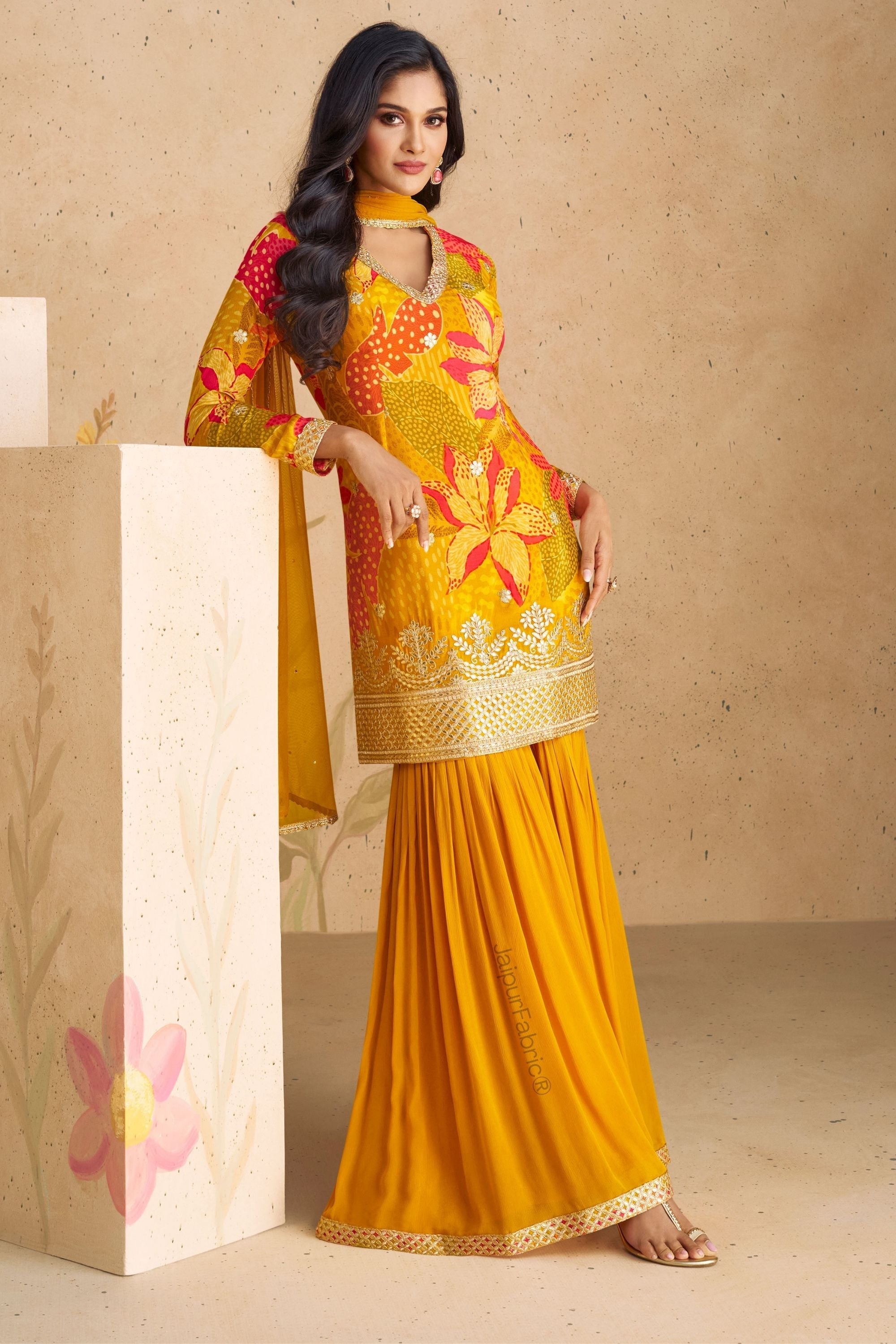 JaipurFabric® Digital Printed Chinon Silk Mustard Color Beautiful Suit - view 2