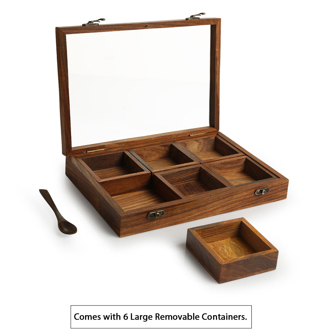 EXCLUSIVELANE 'Masala Blends' Handcrafted Spice Box With Spoon In Sheesham Wood (6 Large Containers, 120 ml) - view 4