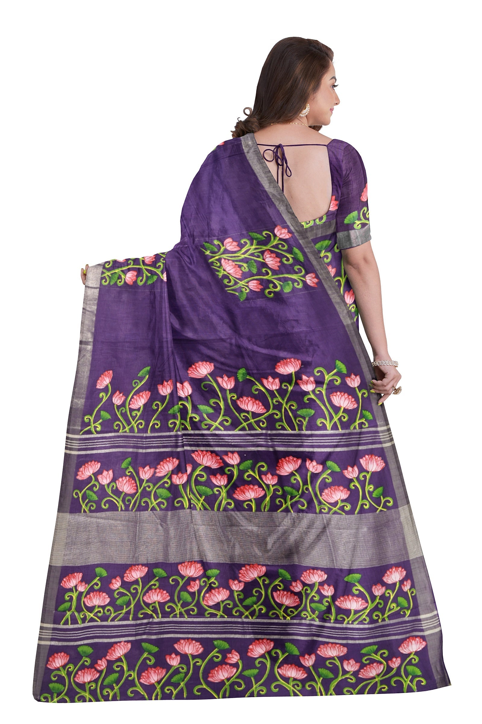IndianVillèz Blue Lotus Theme Hand-Painted Pattachitra Saree