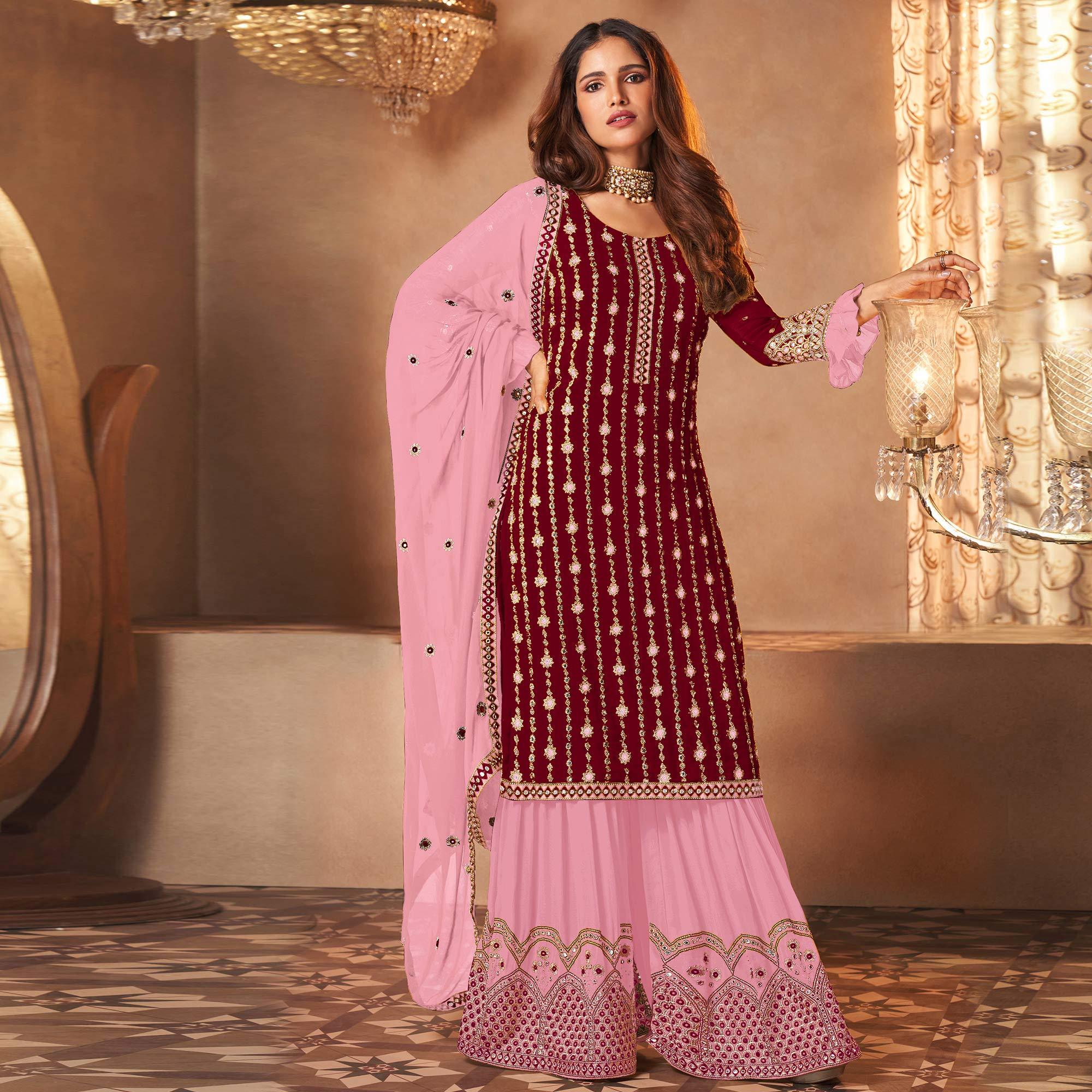 Peachmode Maroon Partywear Sequins Embroidered Georgette Palazzo Suit