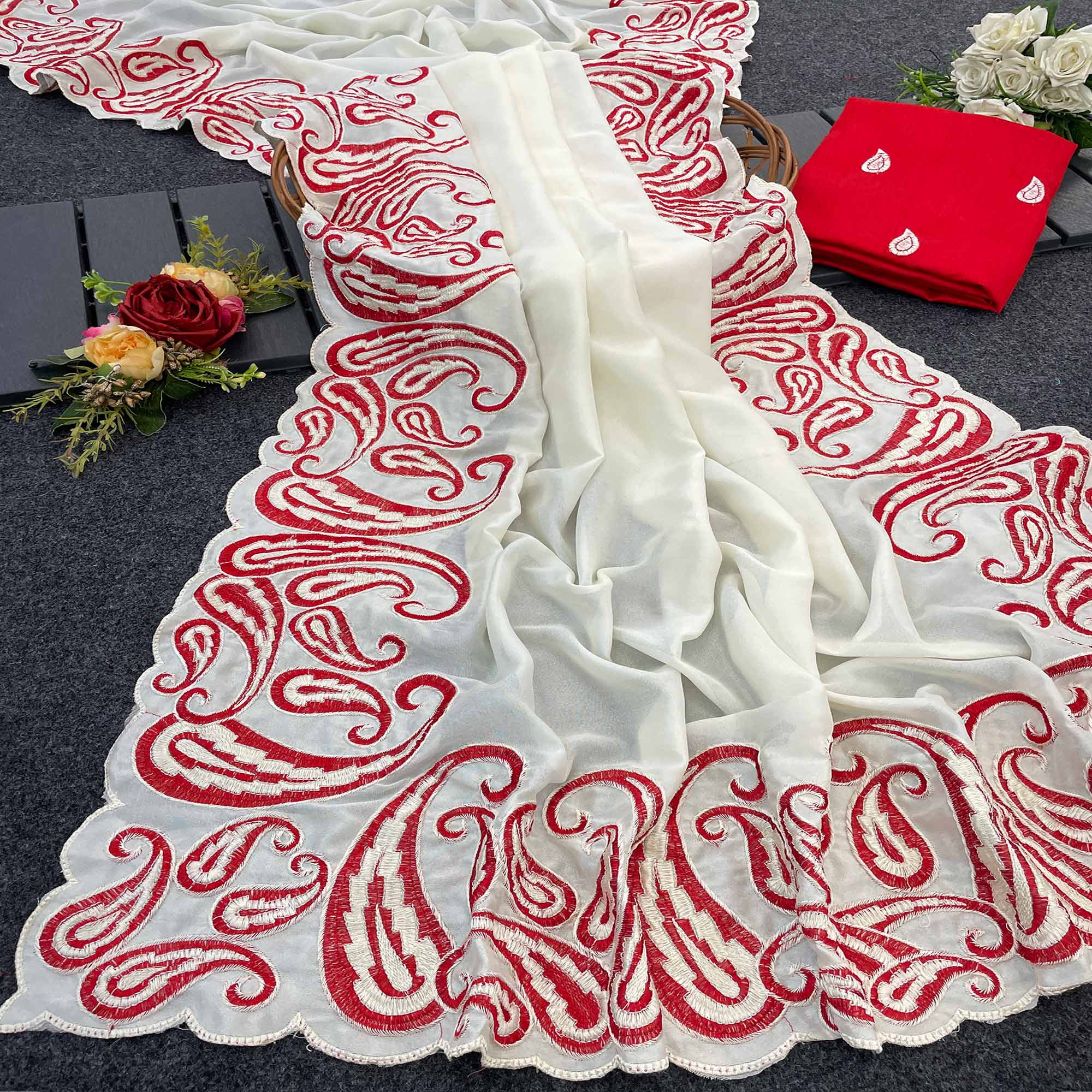 Peachmode Off White Embroidered Vichitra Silk Saree
