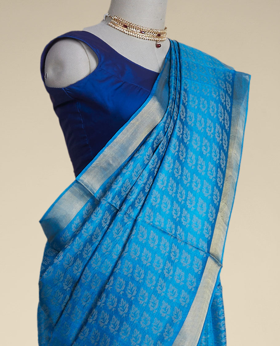 Pothys Blue leaf design tusser silk saree with self zari border