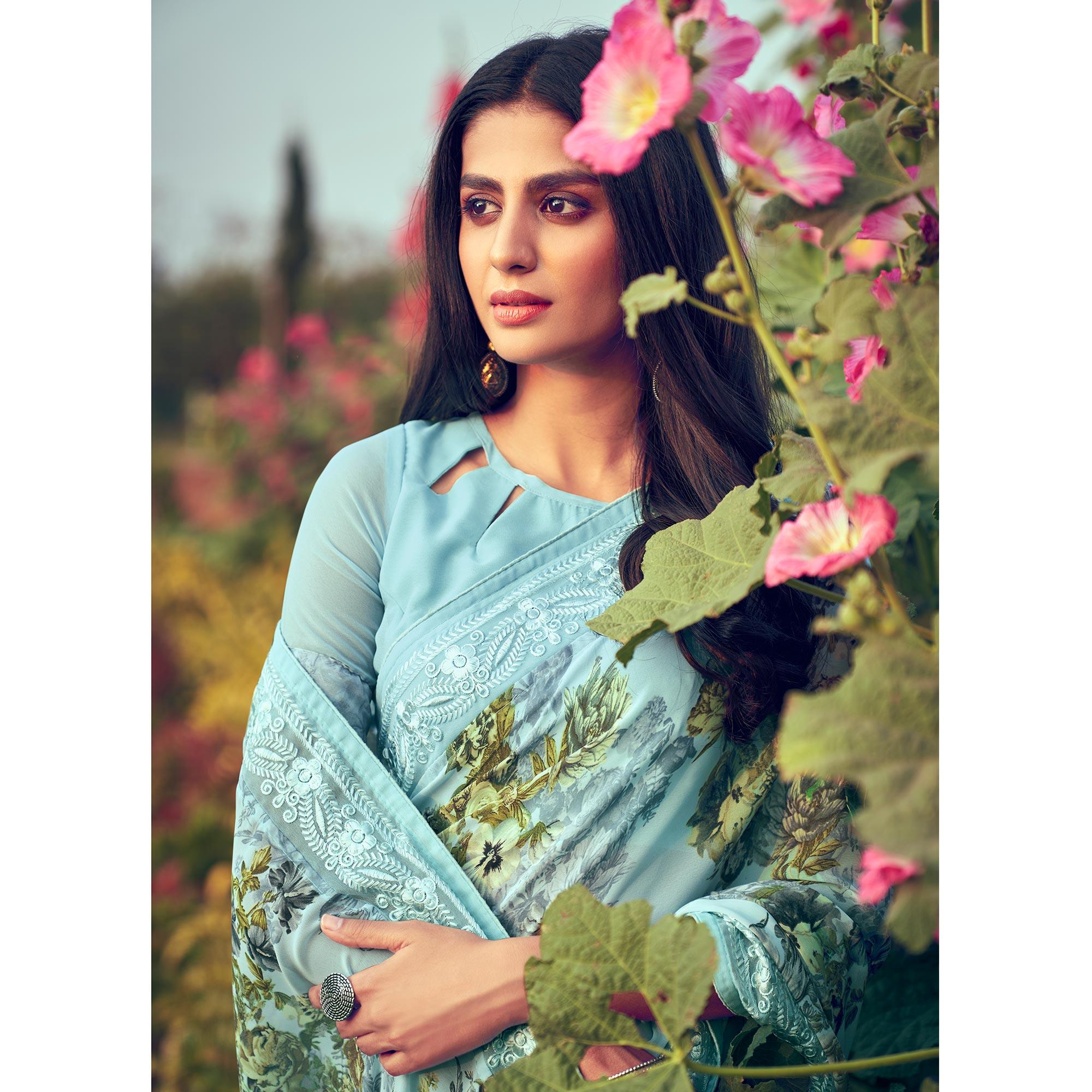 Peachmode Light Blue Floral Printed Georgette Saree - view 2