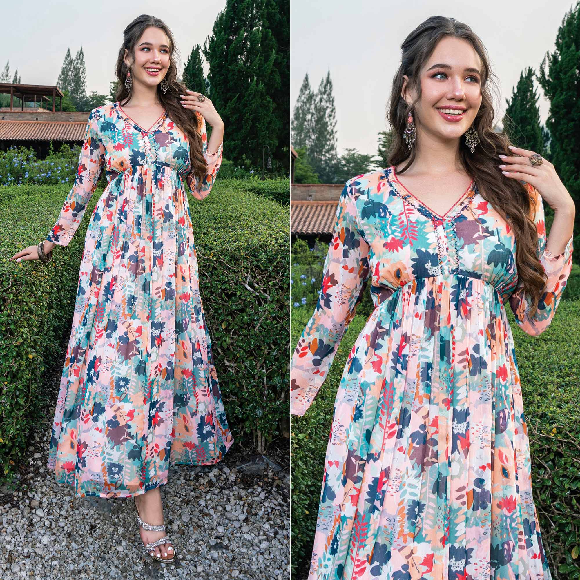 Peachmode Cream & Multicolor Printed With Handwork Chiffon Dress
