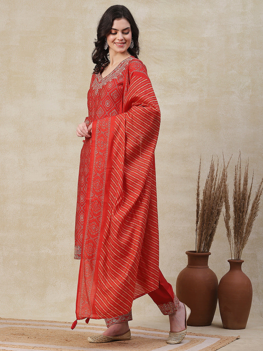 Fashor Ethnic Printed Zari, Sequins & Mirror Embroidered Kurta with Pants & Dupatta - Orange - view 4