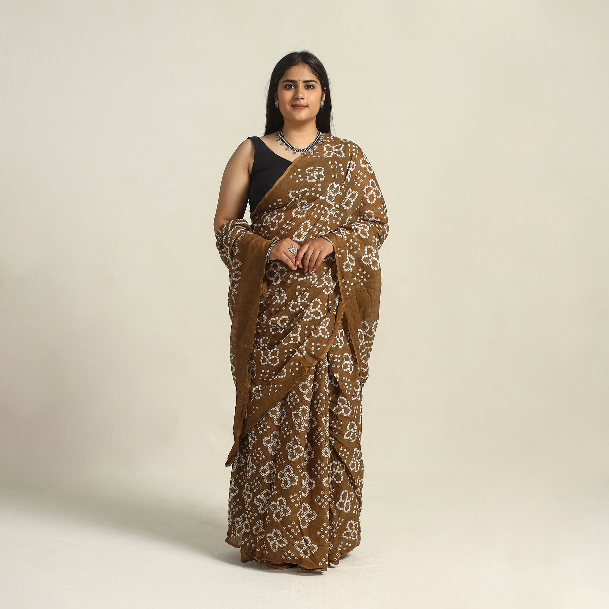 KACHCHH JI CHHAAP Brown - Kutch Bandhani Tie-Dye Cotton Saree with Blouse Piece