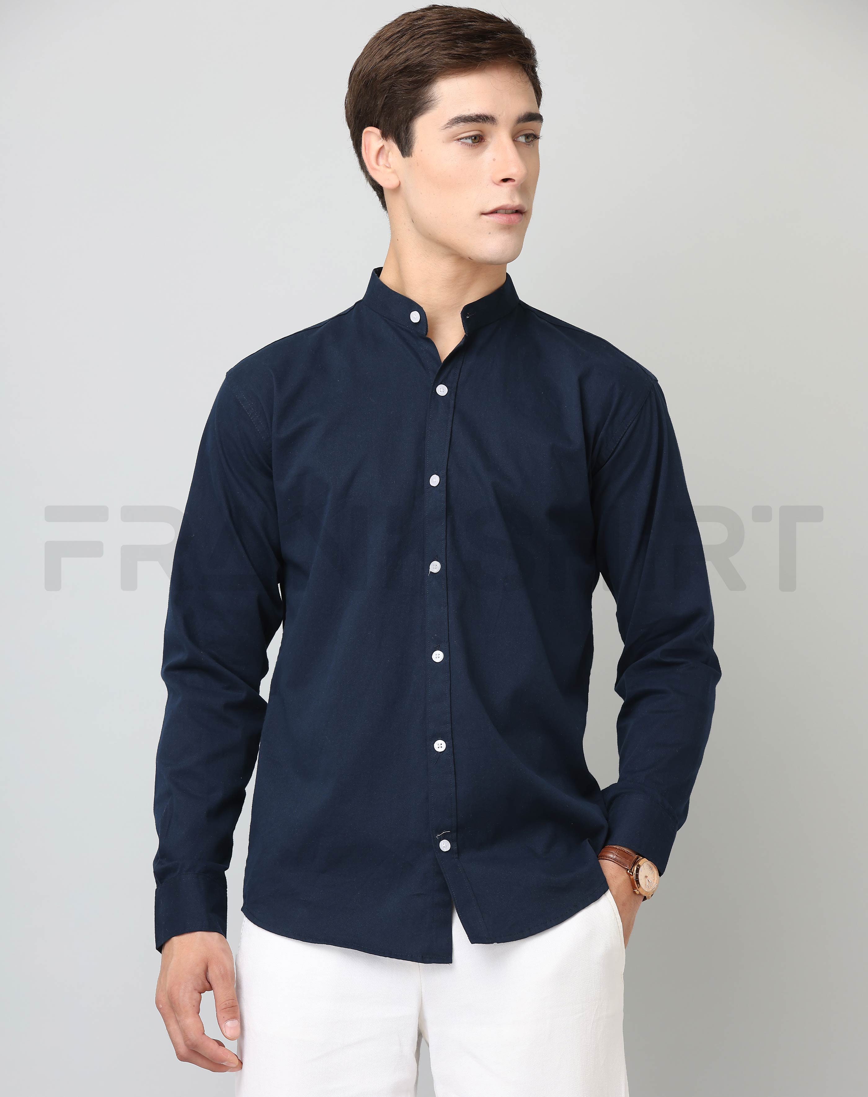 BlackTree Frankshirt Chinese Collar Navy Blue Solid Tailored Fit Cotton Casual Shirt for Man