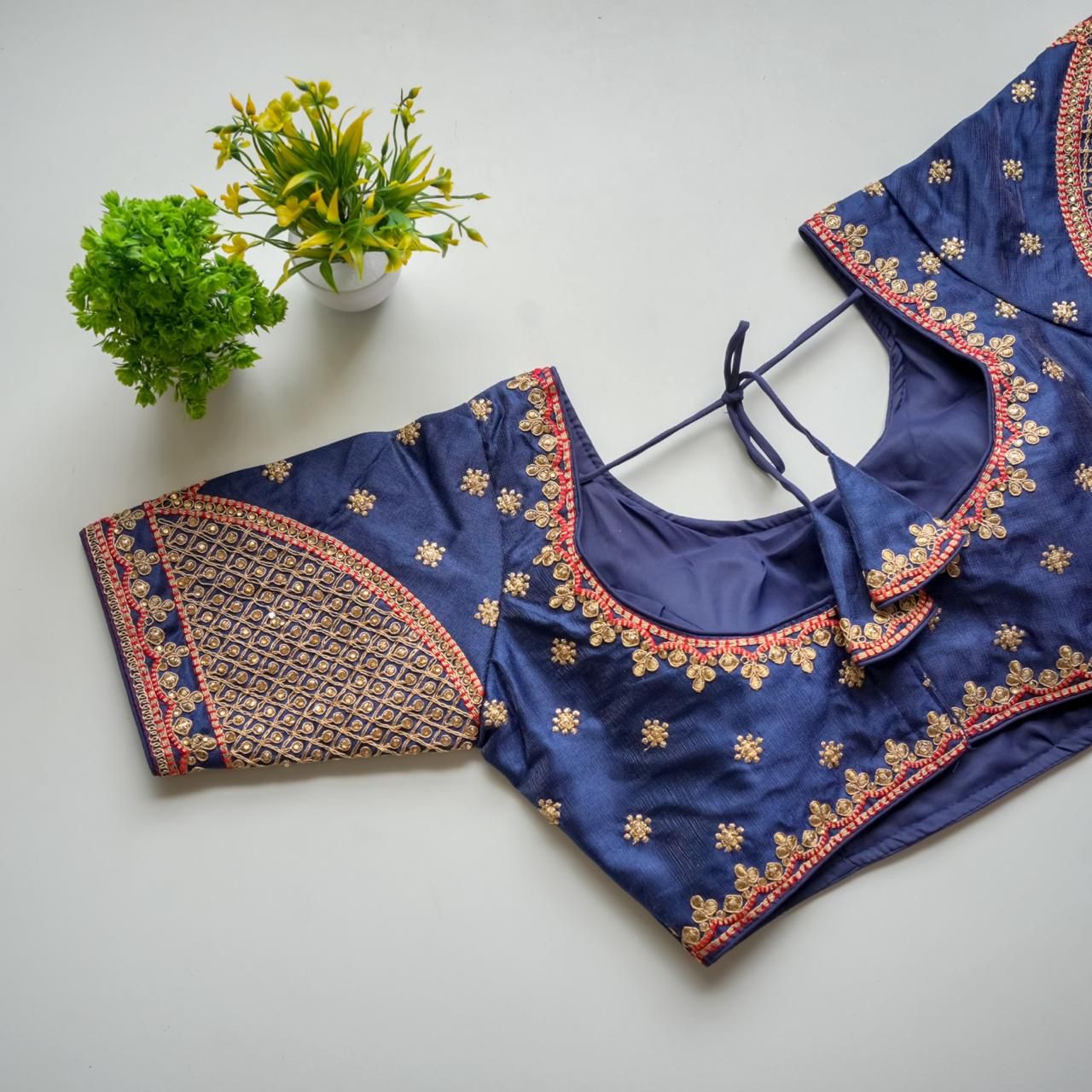 ClothsVilla Blue Mulmul Silk Blouse with Golden Embroidery and Sequins
