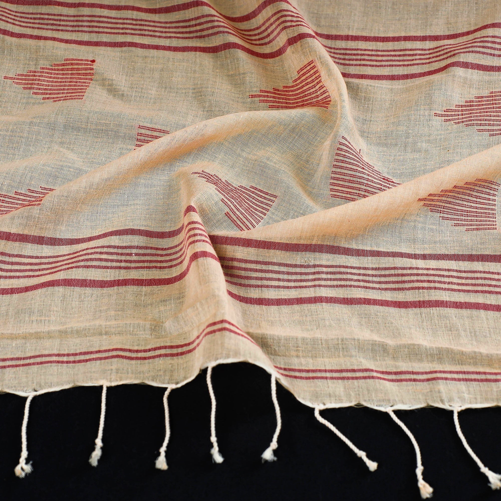 KHUSHBASH - HAPPY LOOM OF EAST Beige - Burdwan Jamdani Buti Handloom Cotton Stole with Tassels - view 2