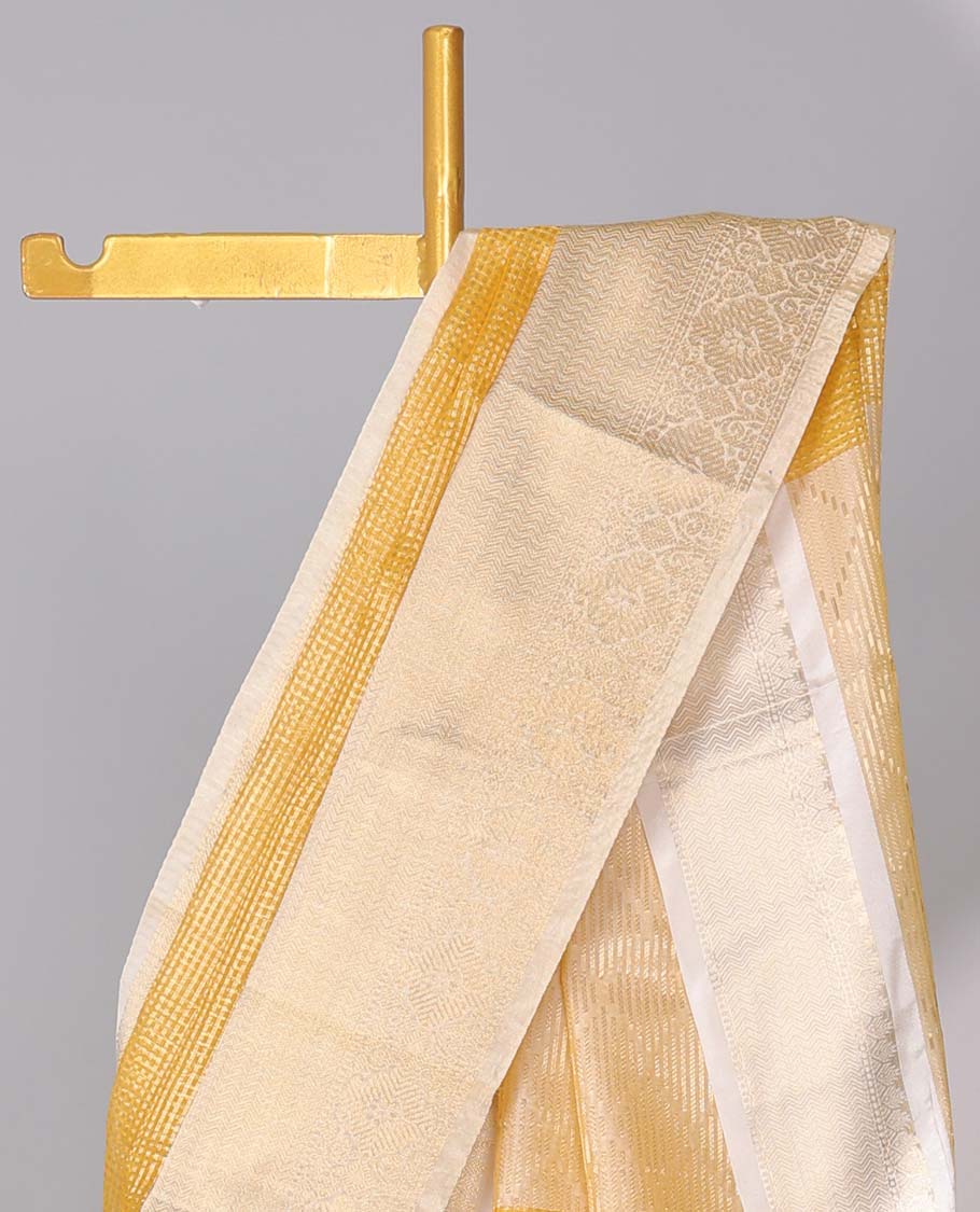Pothys Yellow checked semi-banaras tissue saree, contrast traditional zari design border & intricate pallu - view 2