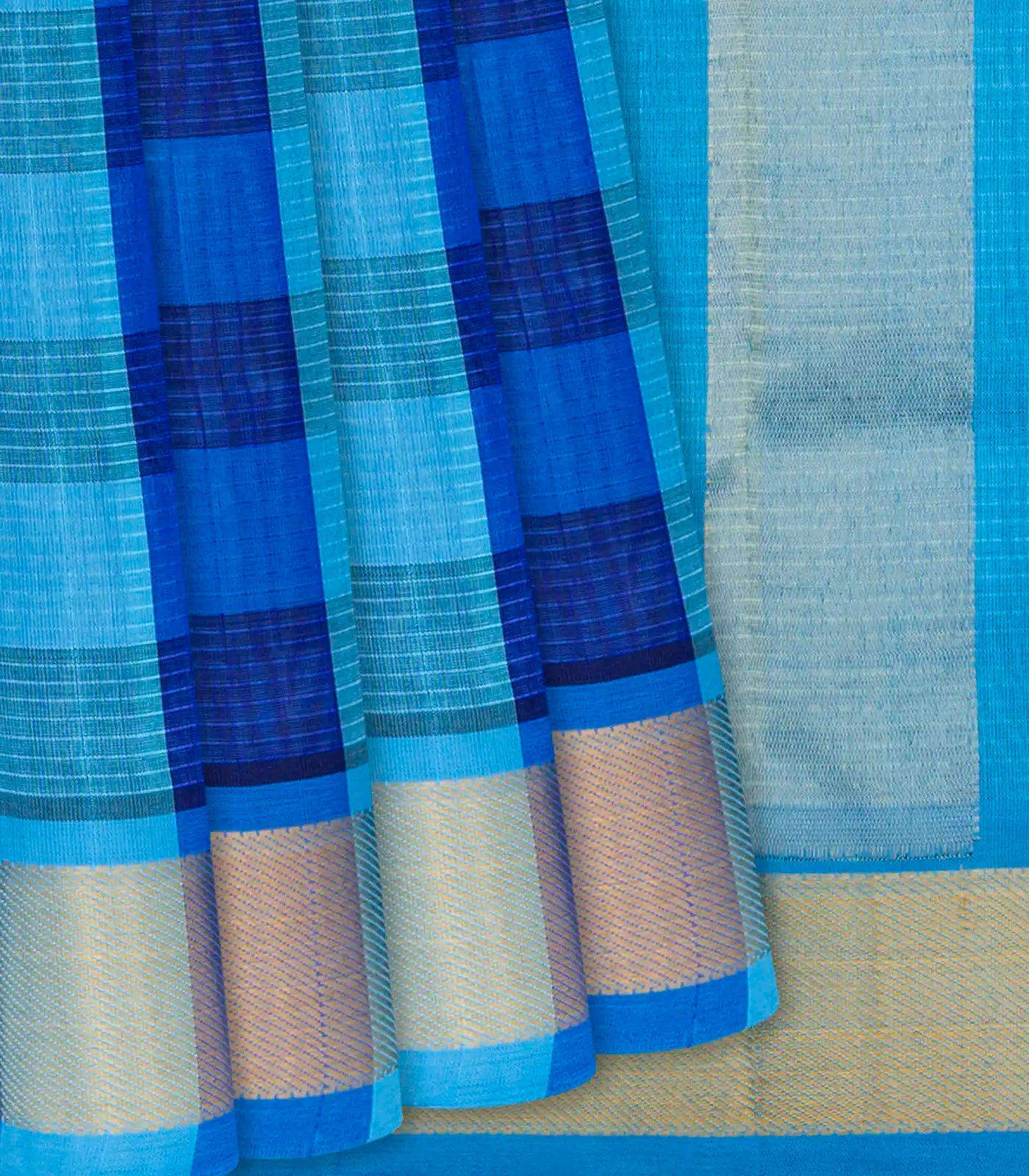 RmKV Cyan and Blue checked Handloom Silk Cotton Saree with cyan border and pallu-Cyan