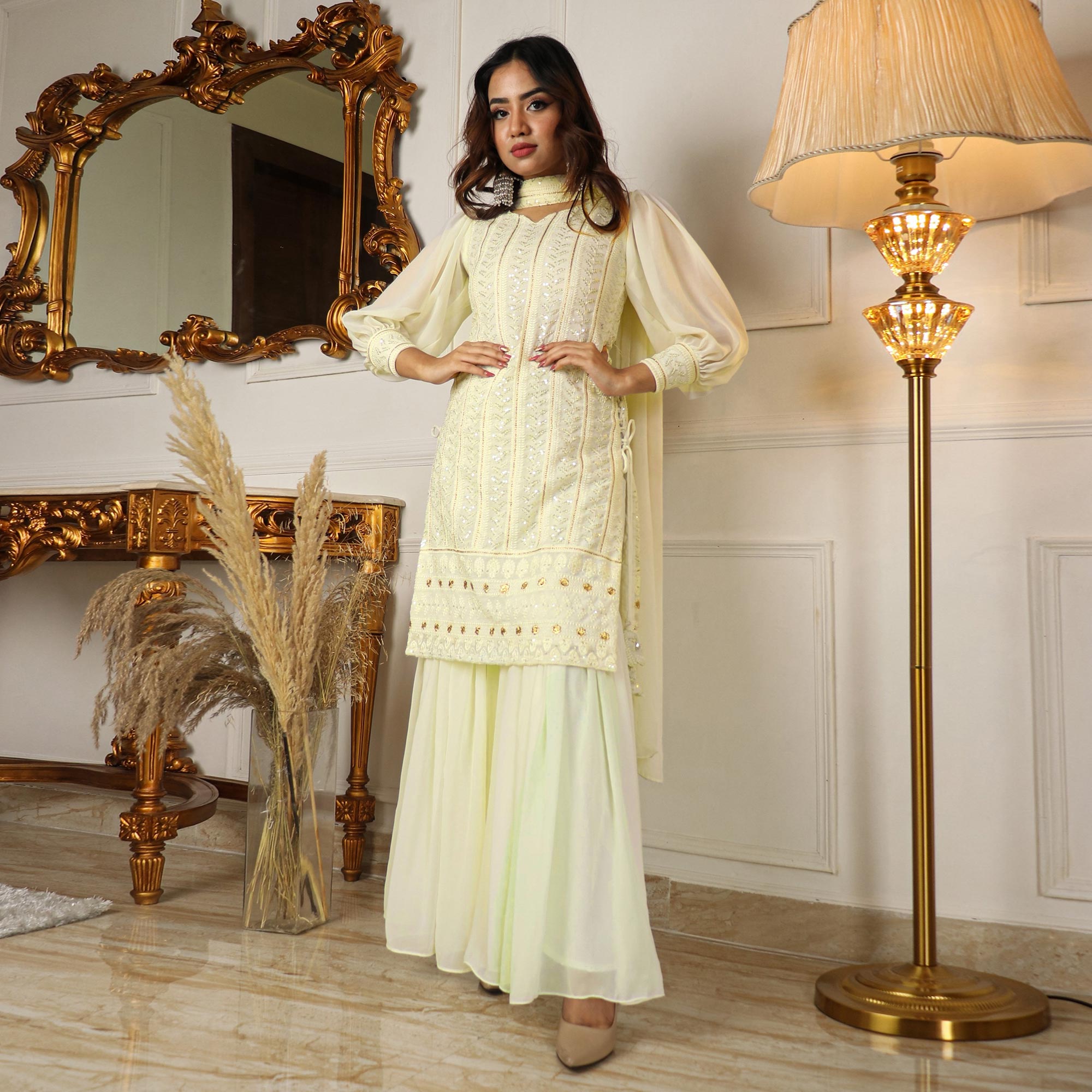 Peachmode Seller Cream Sequins Embroidered Georgette Sharara Suit - view 2