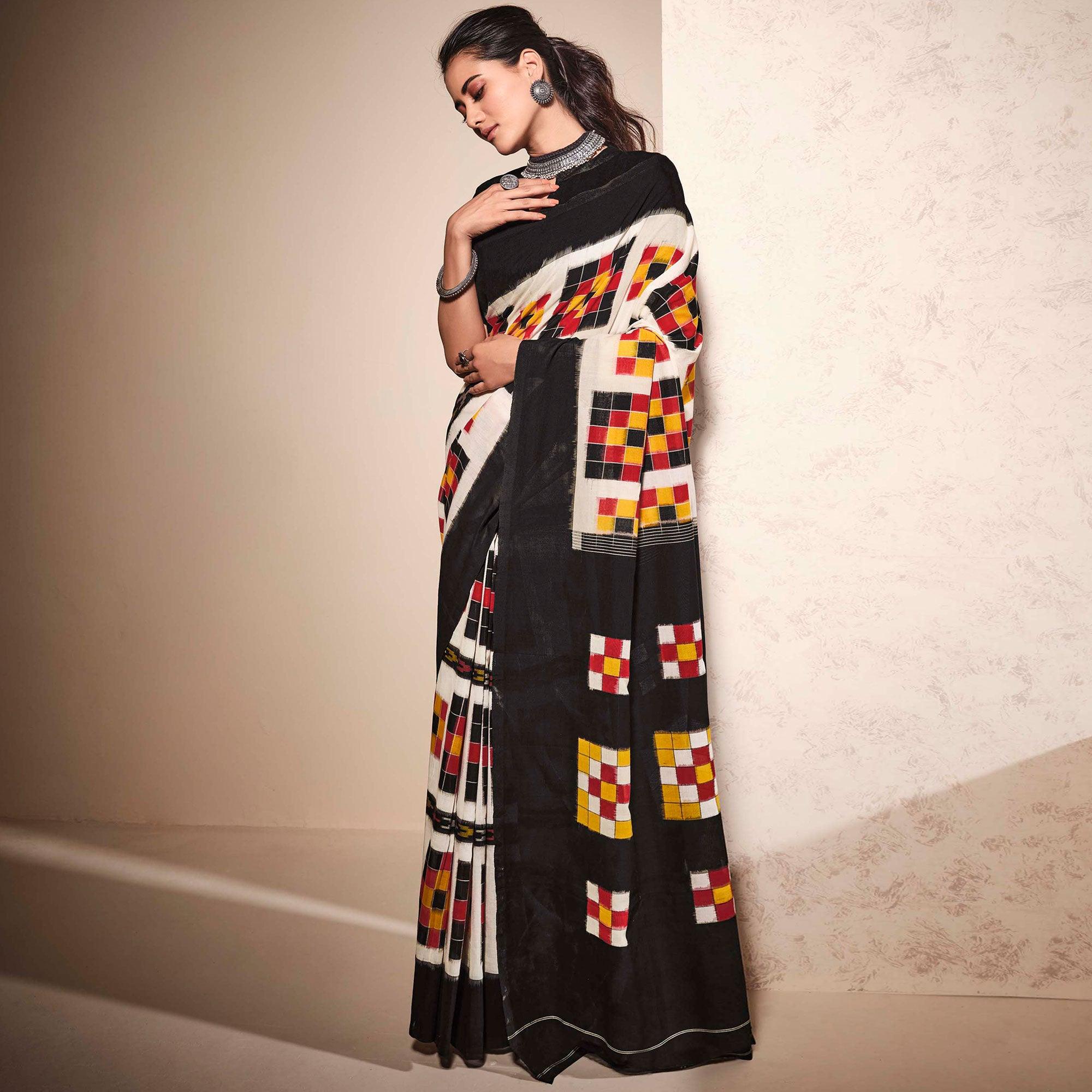 Peachmode Cream-Black Casual Wear Ikkat Printed Mul Mul Cotton Saree