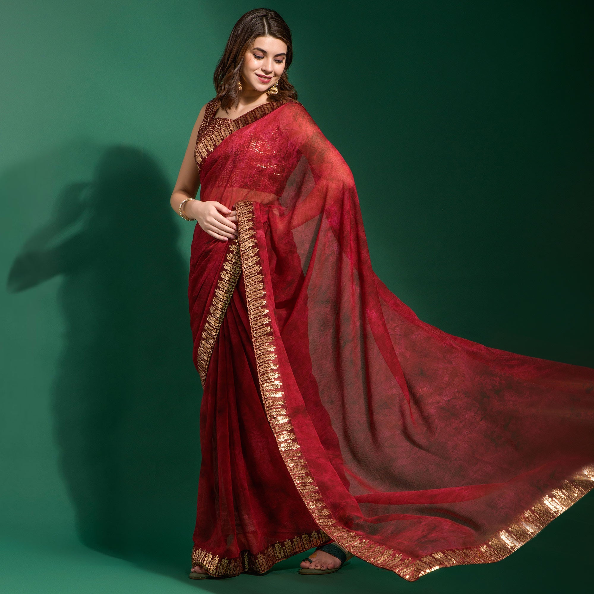 Peachmode Maroon Printed With Sequins Border Chiffon Saree