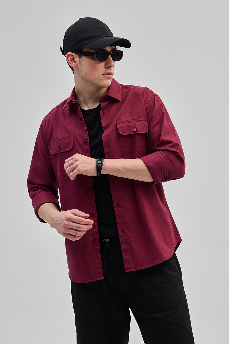 SNITCH Maroon Solid Double Pocket Overshirt