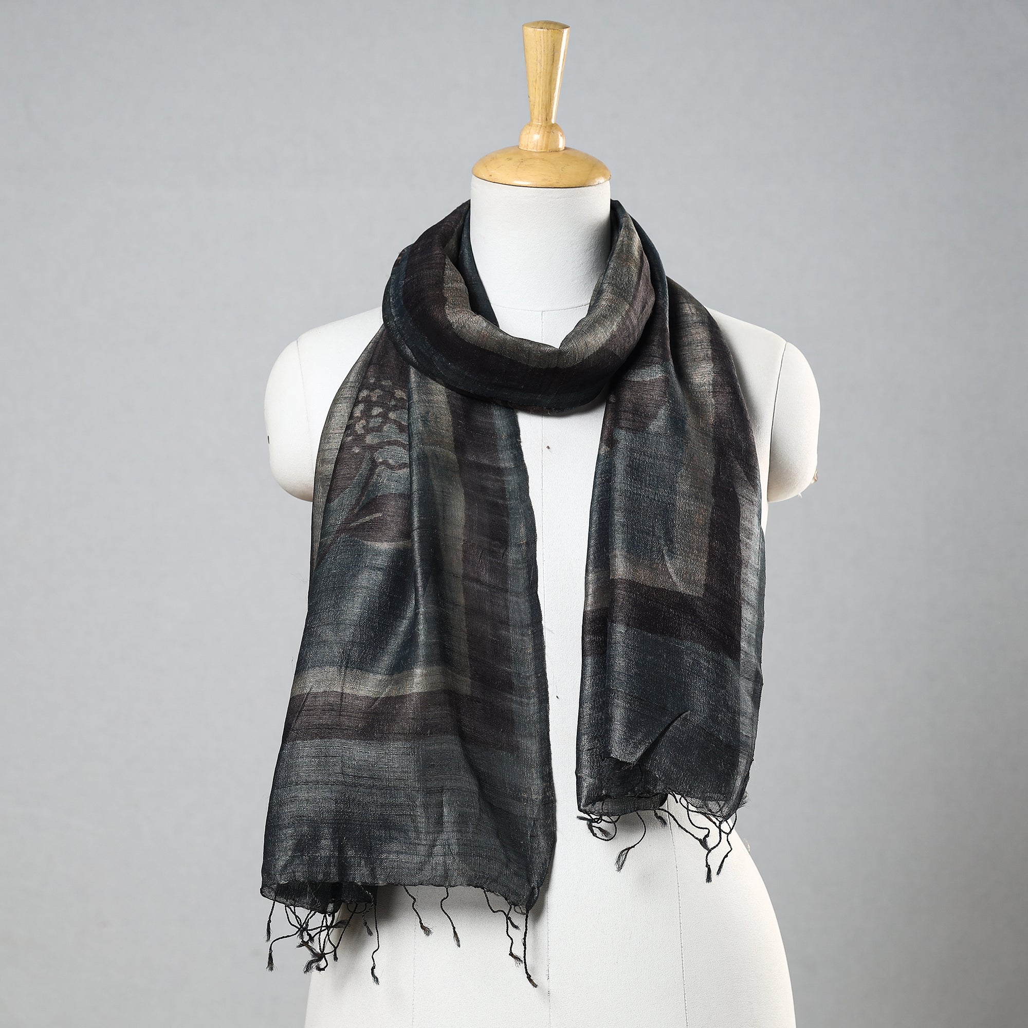 BINDAAS UNLIMITED Black - Handloom Block Print Tussar Silk Bindaas Stole