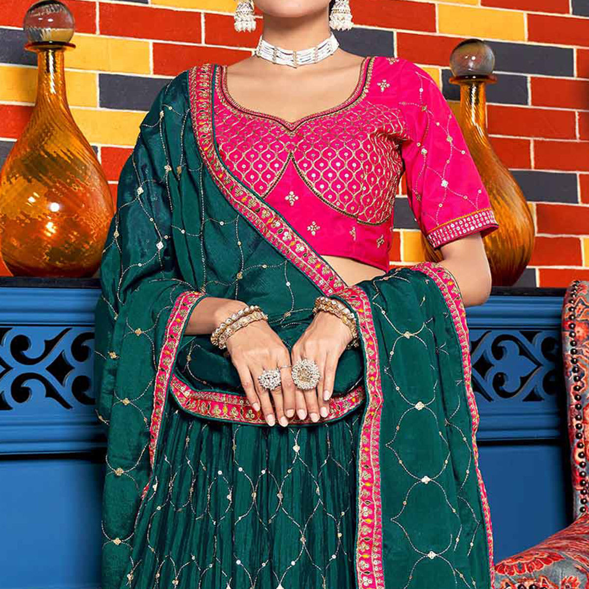 Peachmode Deep Sea Green Sequins Embroidered Chiffon Lehenga Choli - view 3