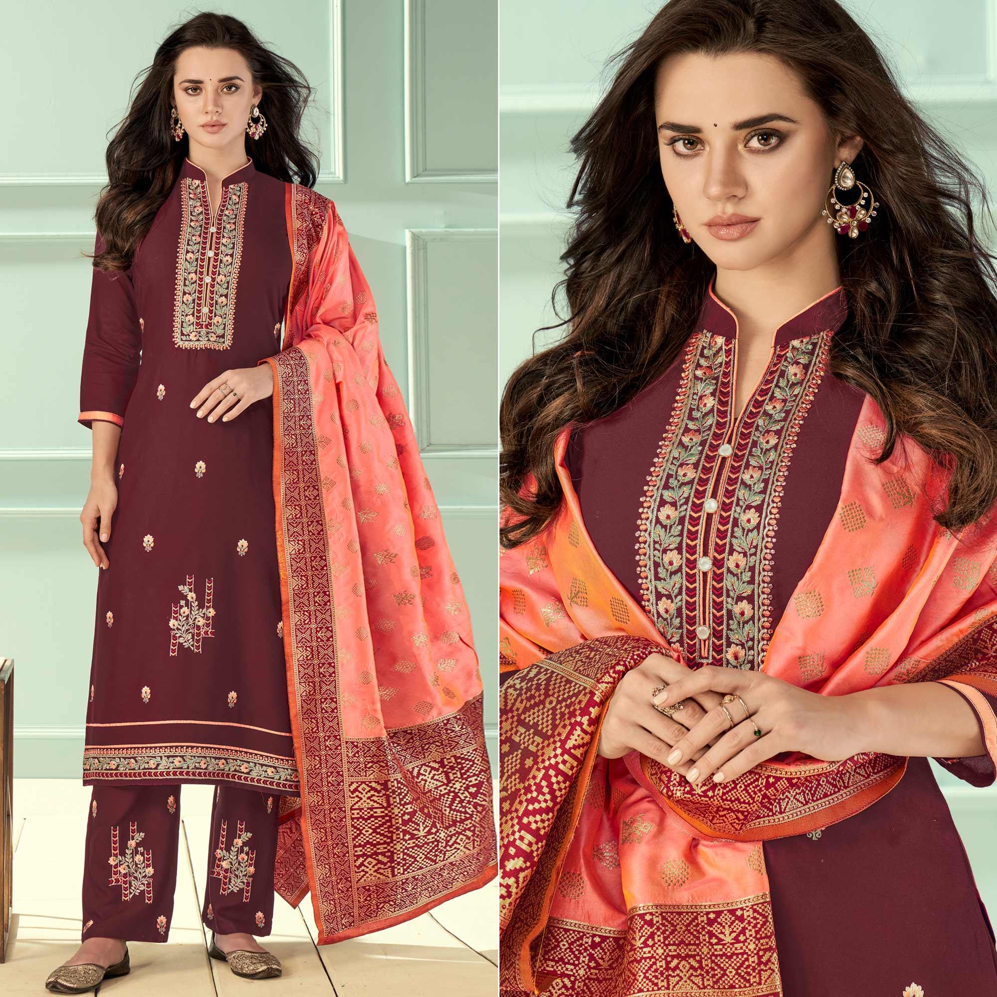 Peachmode Seller Maroon Floral Embroidered Rayon Partywear Suit