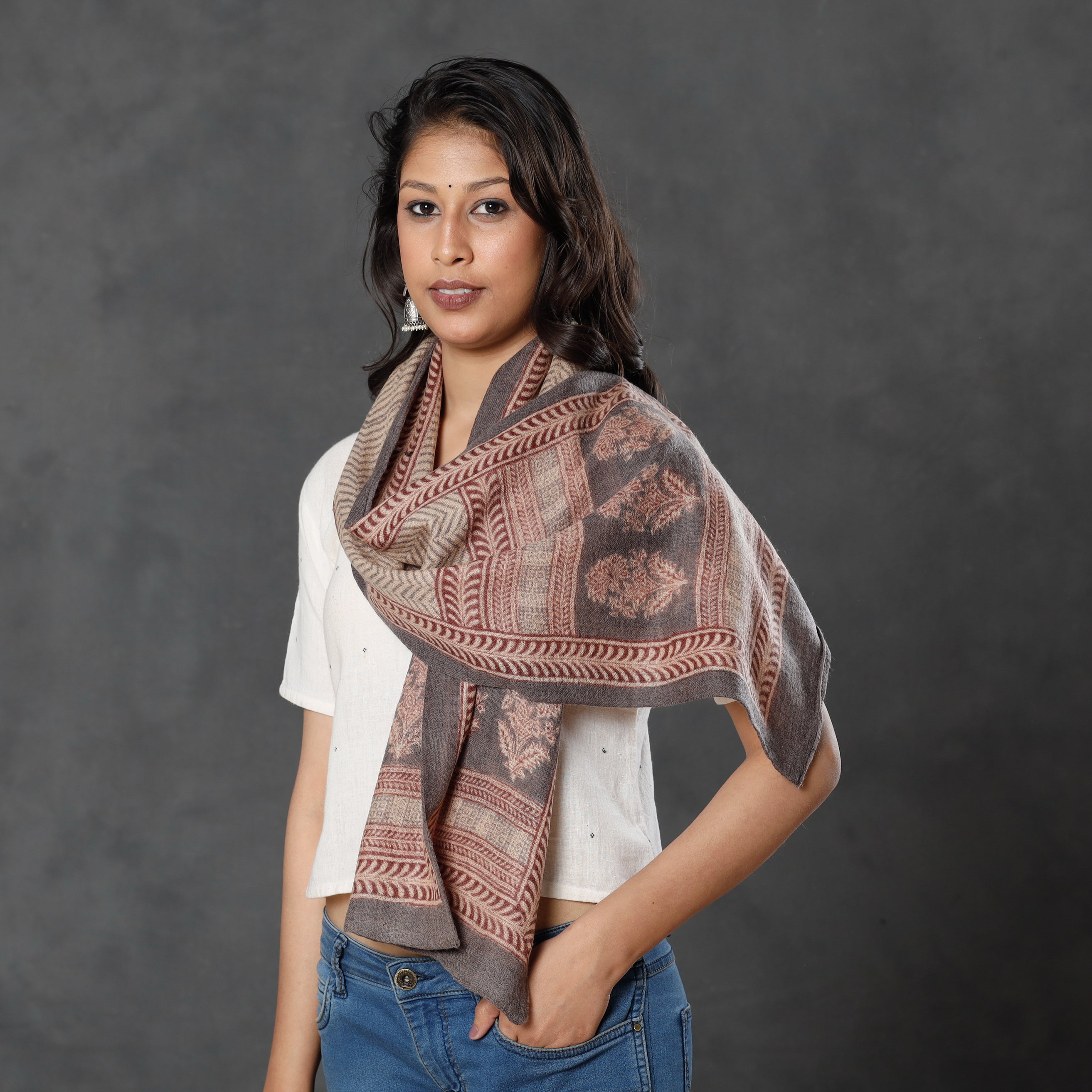 BAGH PRINTS BY MOHAMMED BILAL KHATRI Beige - Bagh Block Printed Natural Dyed Woolen Muffler (61 in) - view 2