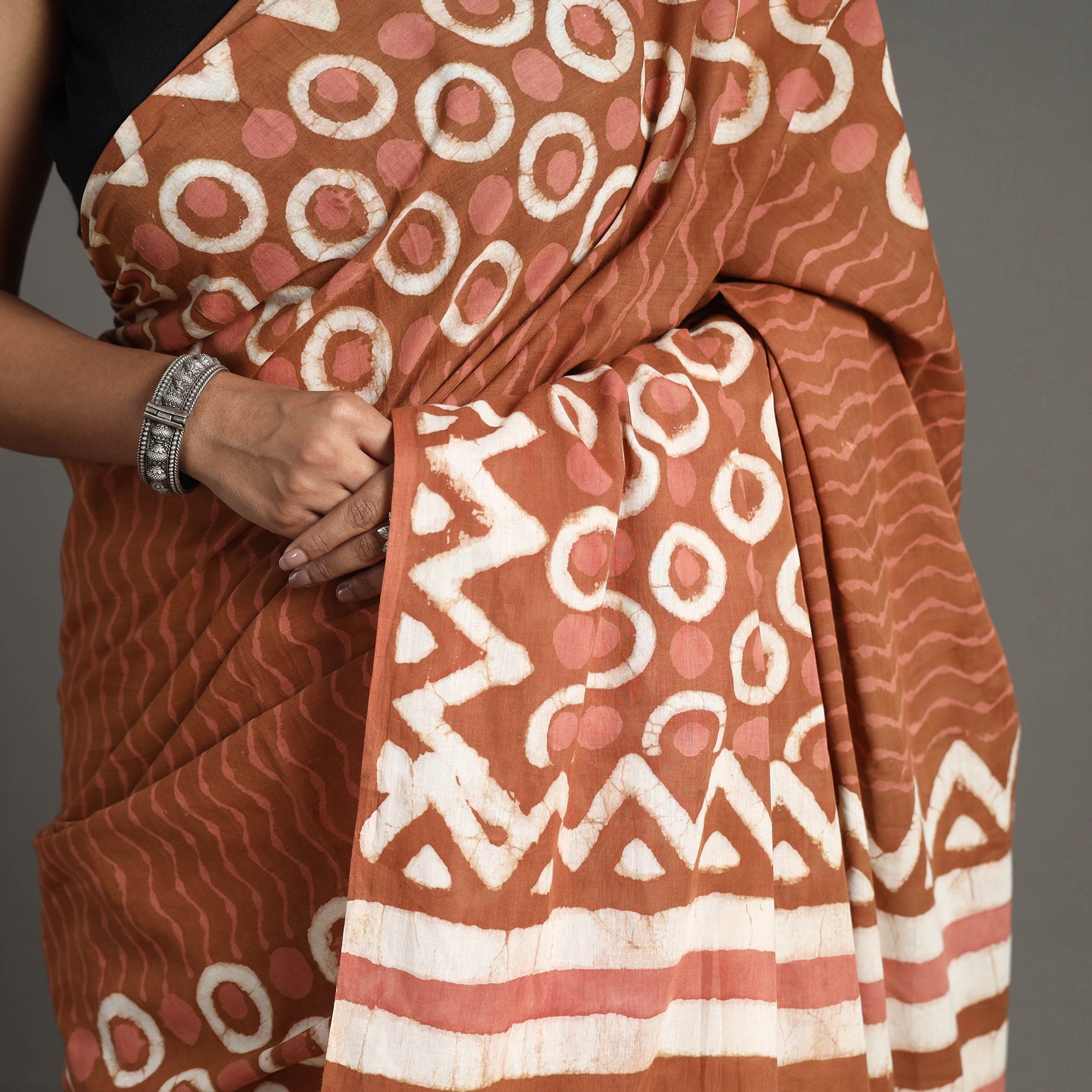 ARTISAN HAND BLOCK PRINTS Brown - Bagru Dabu Block Printed Mul Cotton Saree - view 6