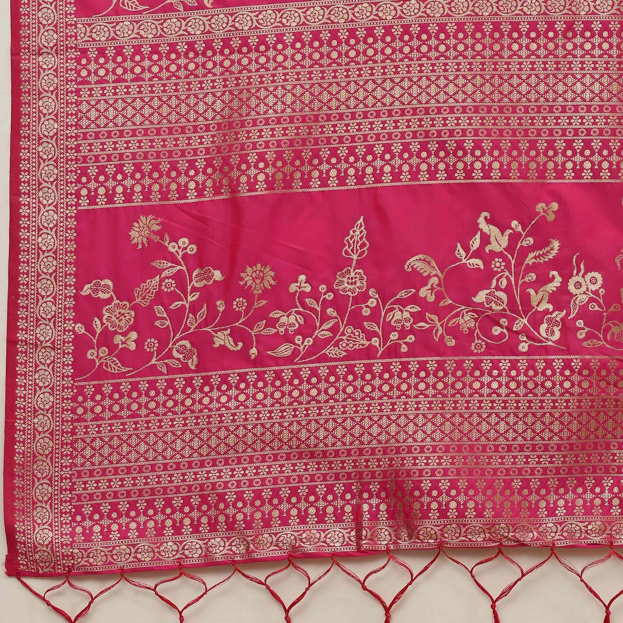 Peachmode Jazzy Pink Colored Festive Wear Silk Blend Woven Floral Saree With Tassels - view 2