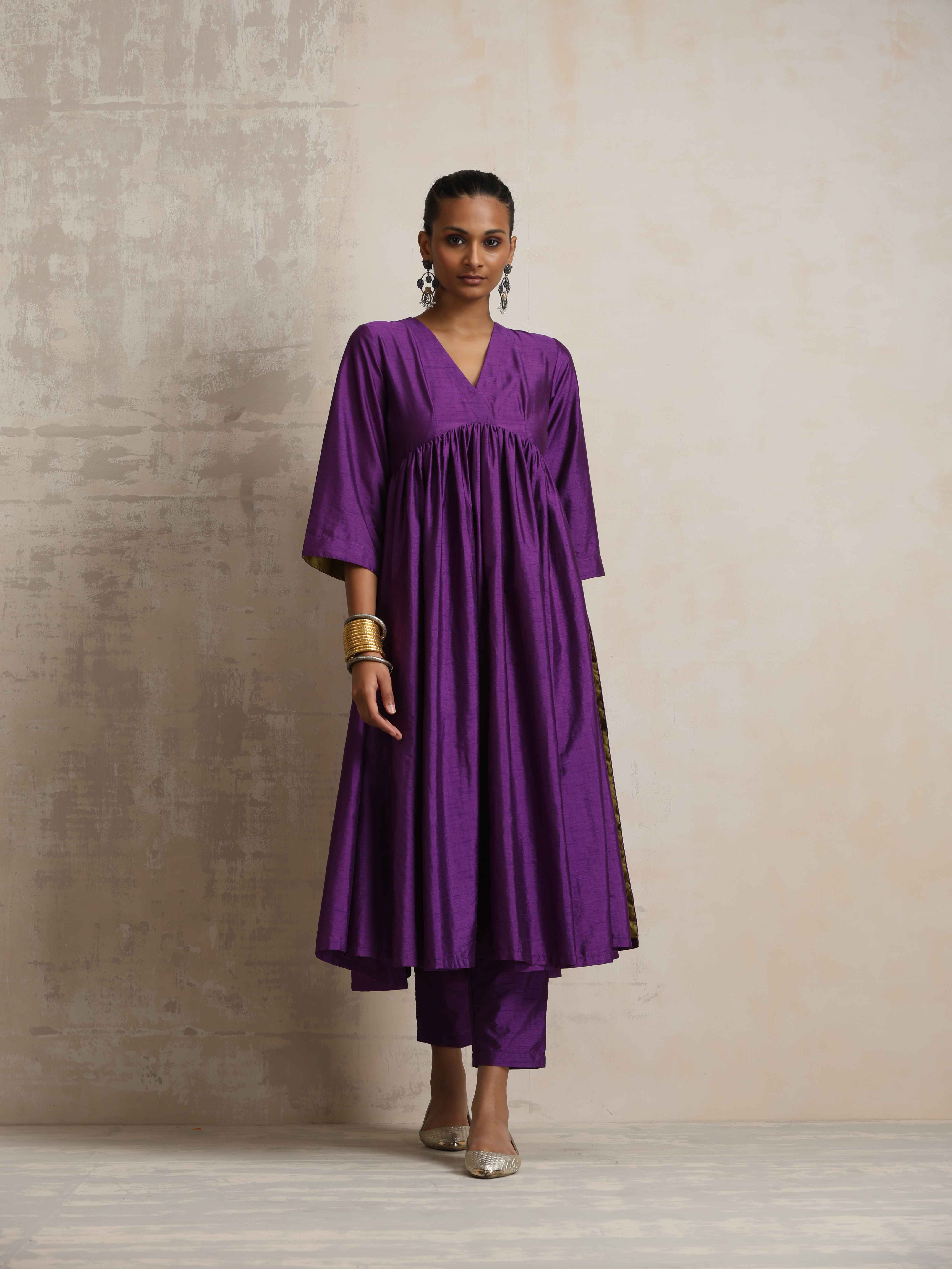trueBrowns Purple Silk Anarkali Flared Kurta Set - view 3