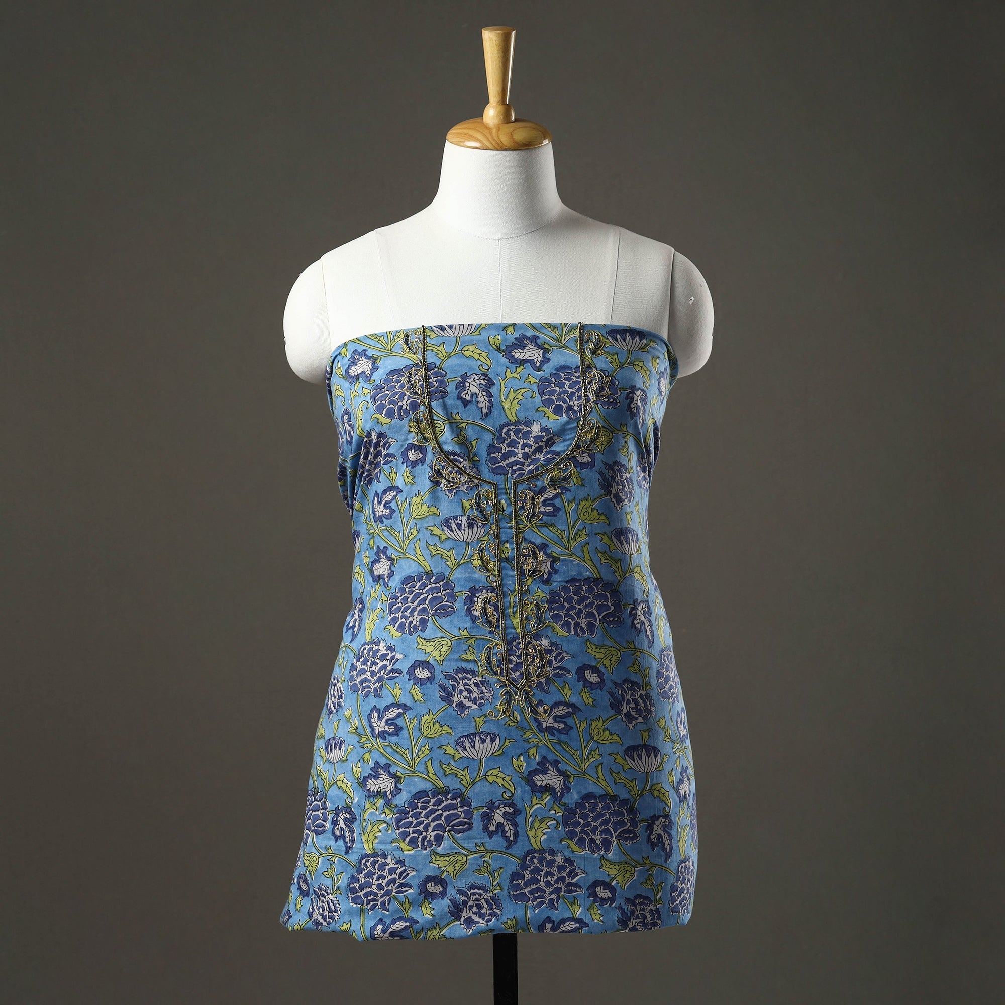 JUGNI Blue - Embroidered Sanganeri Block Print Cotton Kurta Material with Beads - 2.5 Meter