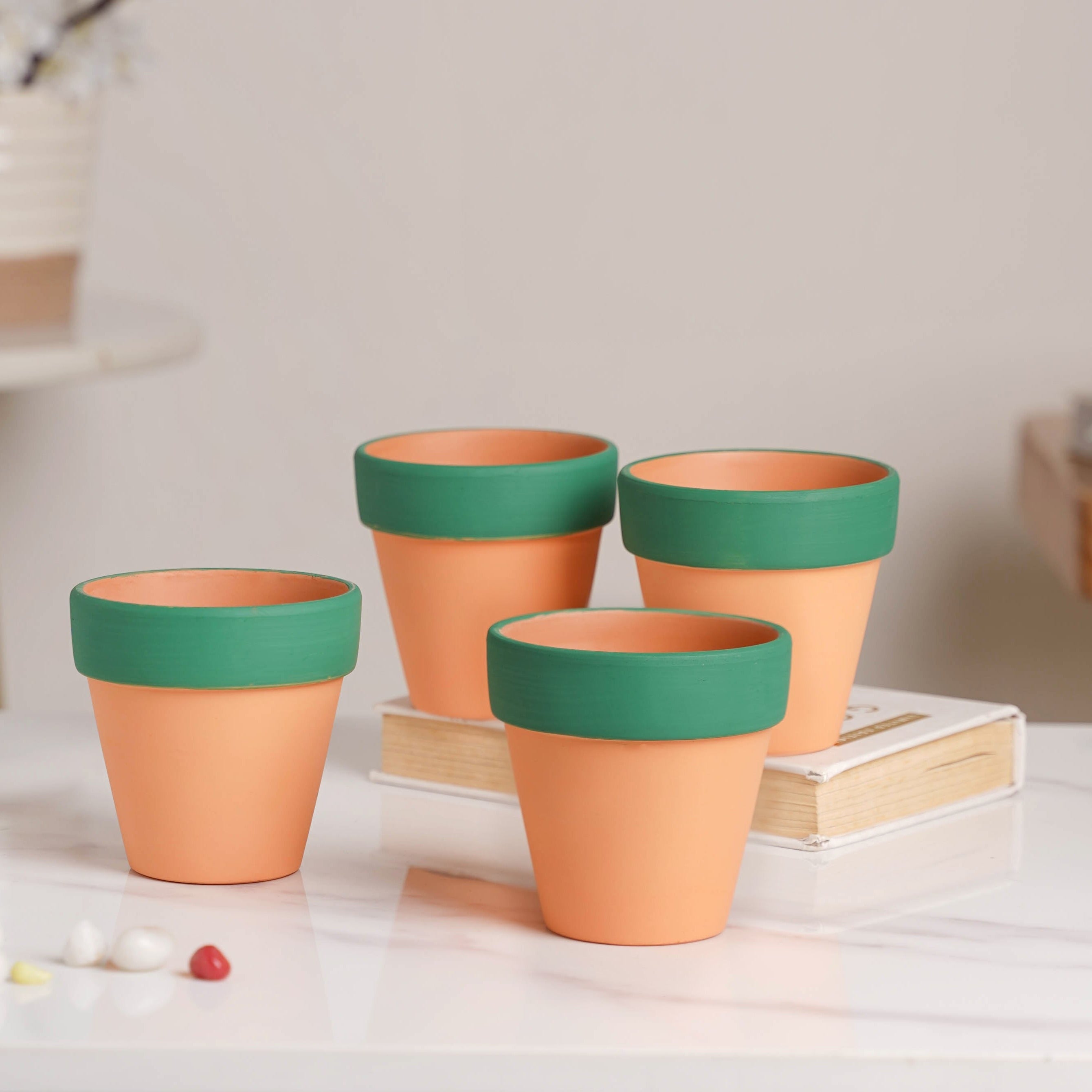 Nestasia Green Rim Orange Clay Pot Set Of 4 - view 2