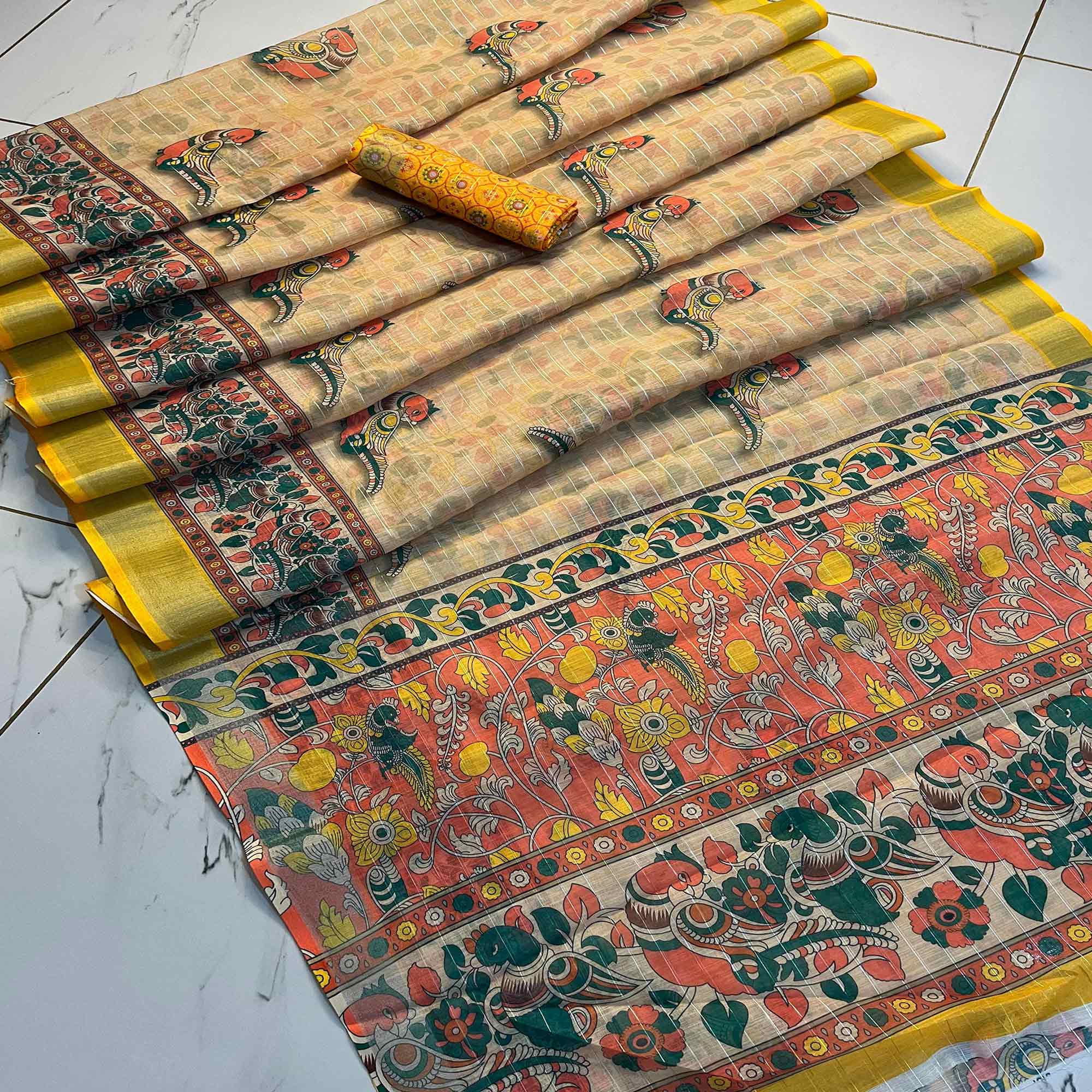 Peachmode Chikoo Digital Printed Linen Saree – Women's