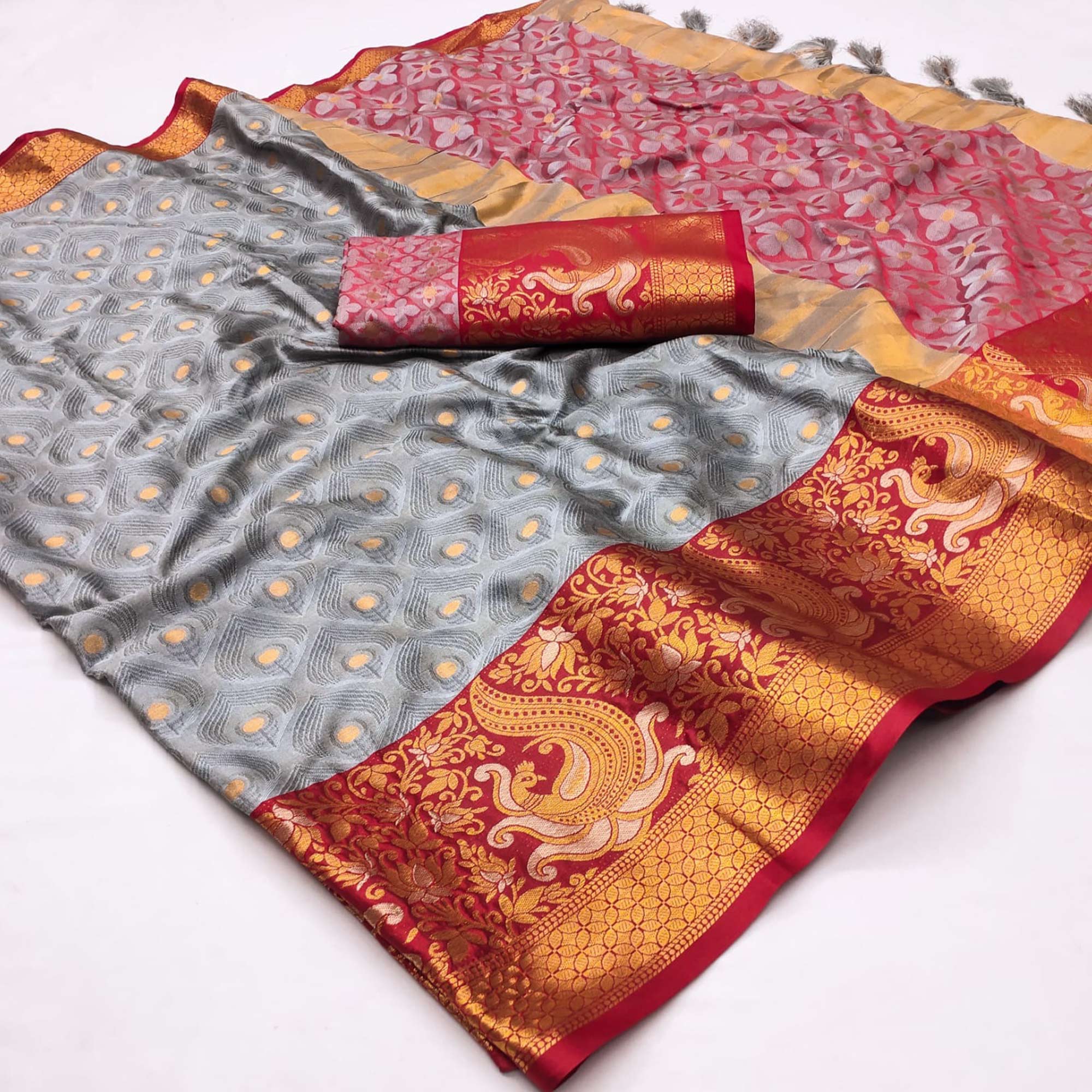 Peachmode Grey Woven Cotton Silk Saree With Tassels