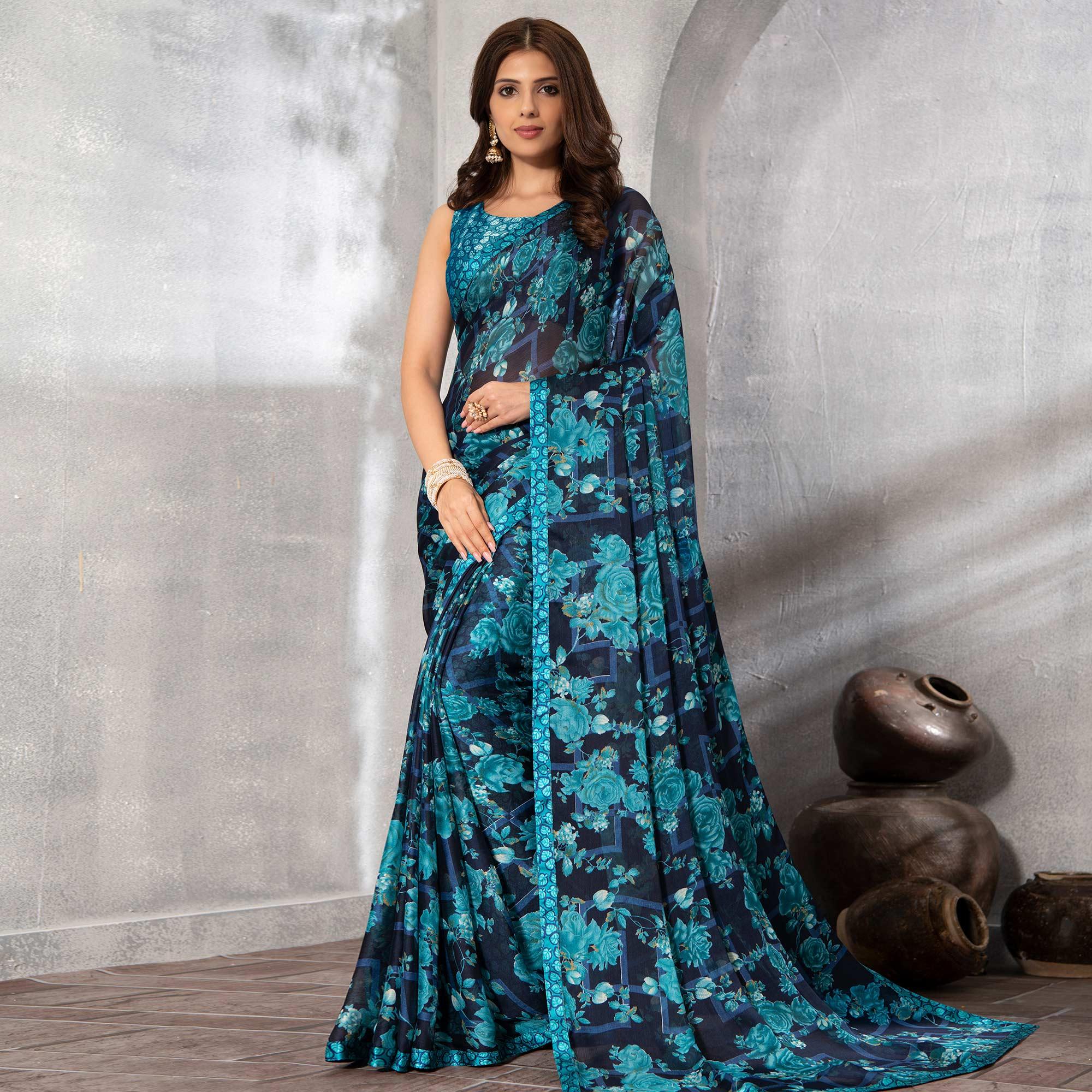 Peachmode Majesty Blue Colored Casual Floral Printed Chiffon Saree