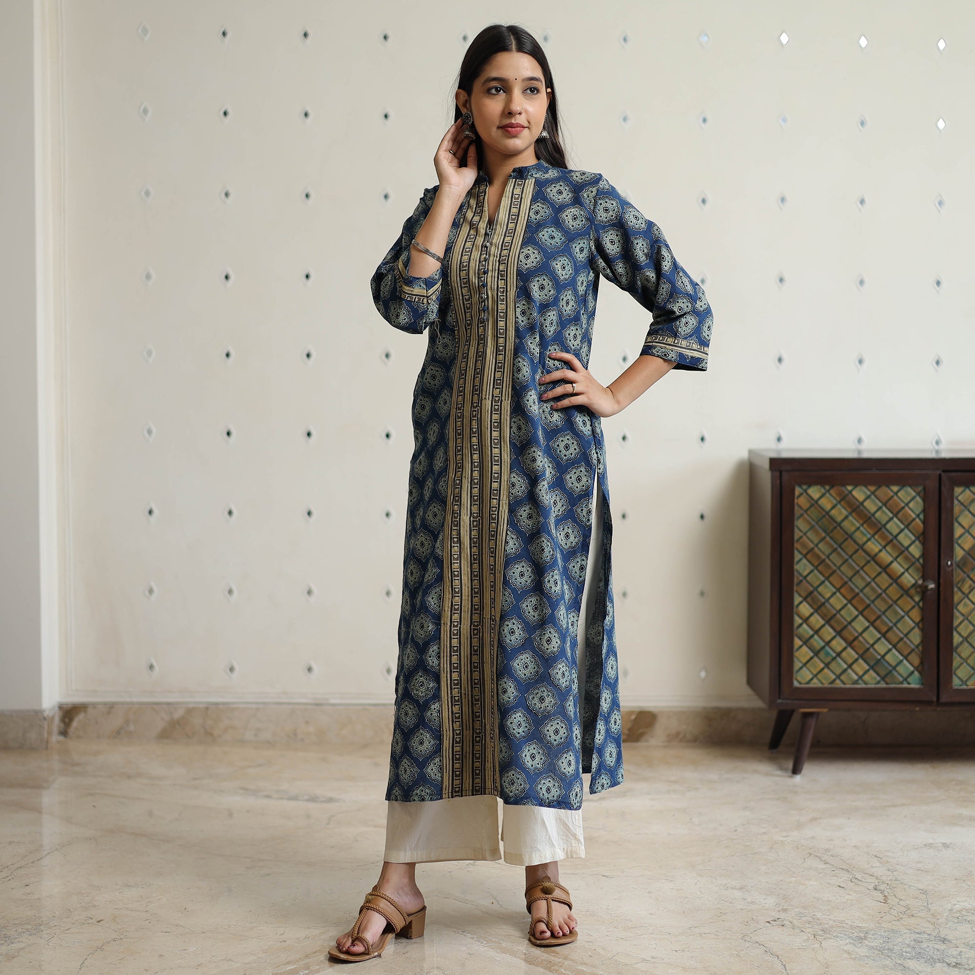 ITOKRI CASUALS Blue - Ajrakh Block Printed Cotton Straight Kurta with Patch 46 - view 2