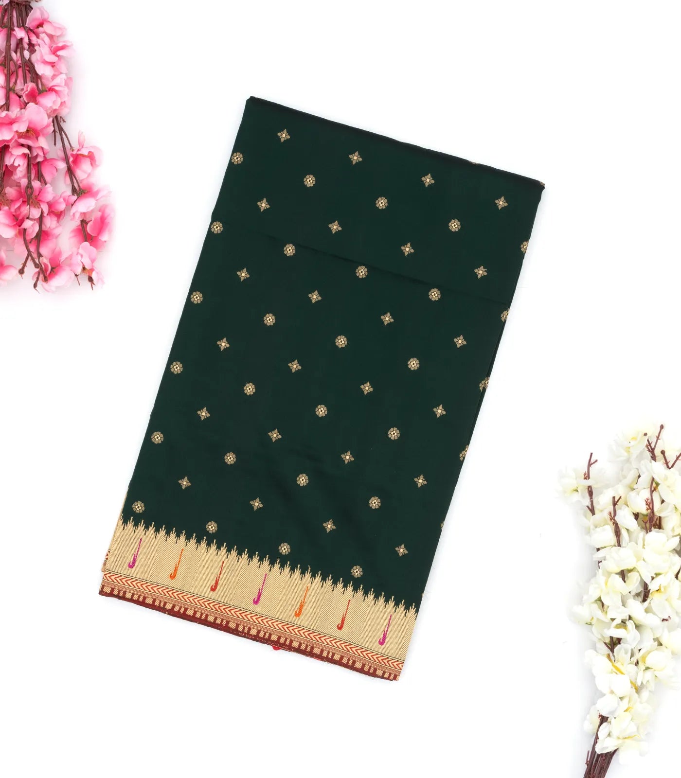 RmKV Bottle Green Handwoven Banarasi Silk Saree With Floral Buttas - view 5