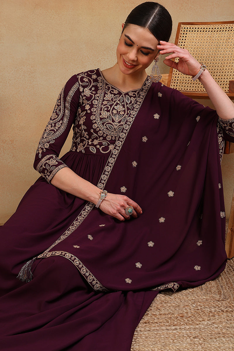 Ahika Maroon Poly Georgette Embroidered Anarkali Kurta Set VKSET1513 - view 2