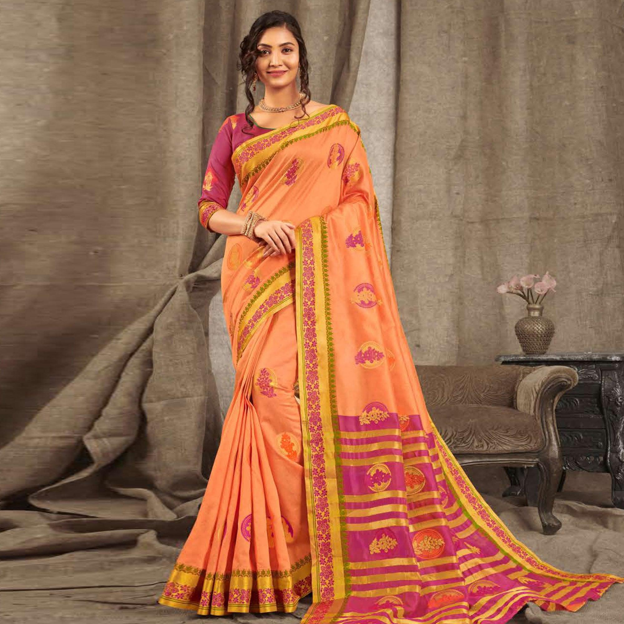 Peachmode Jazzy Peach Colored Festive Wear Woven Cotton Handloom Saree