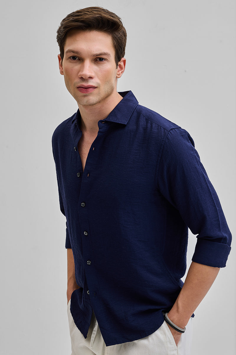 SNITCH Navy Textured Linen Blend Shirt - view 5