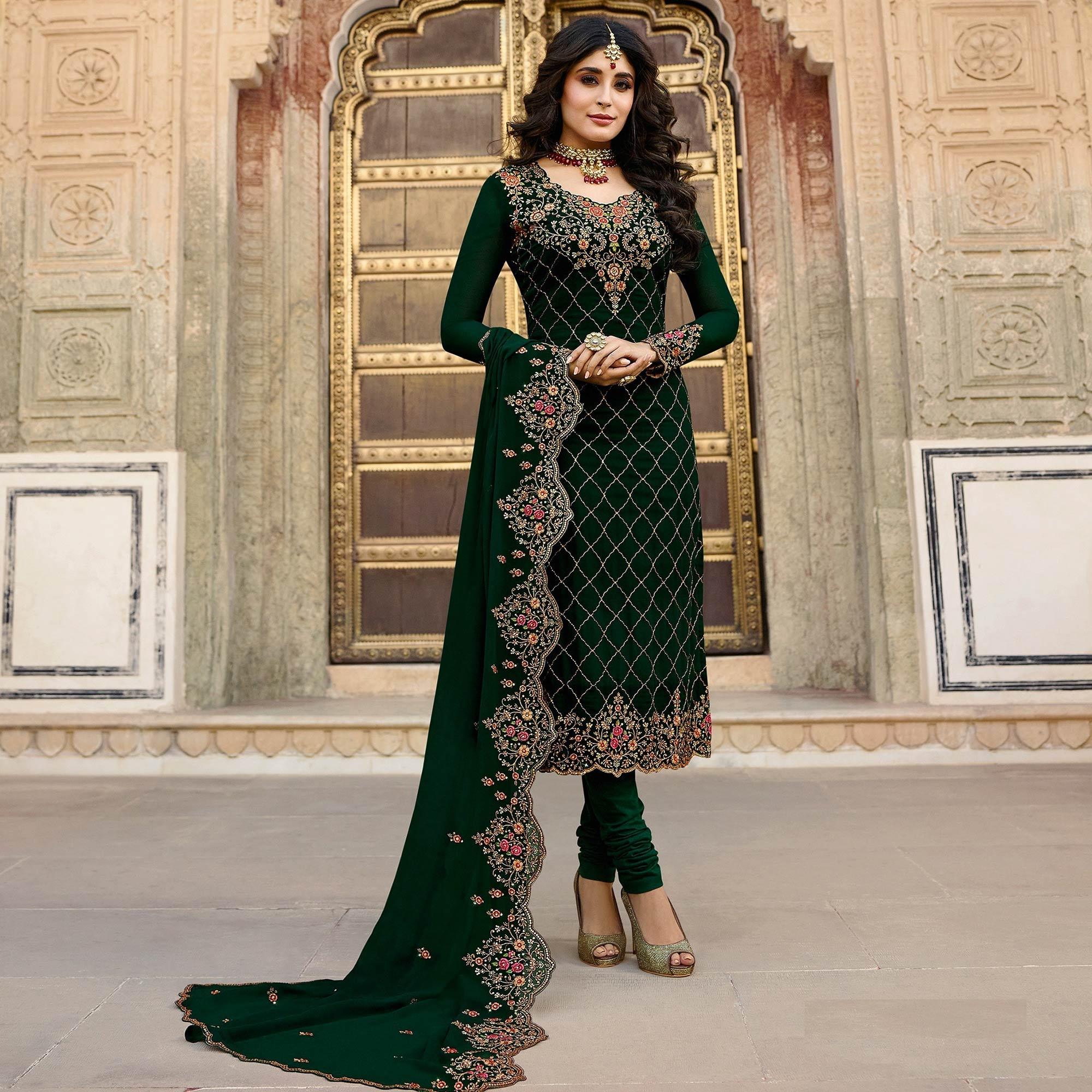 Green suits – BlackTree demanding-green-colored-partywear-embroidered-faux-georgette-suit-65536