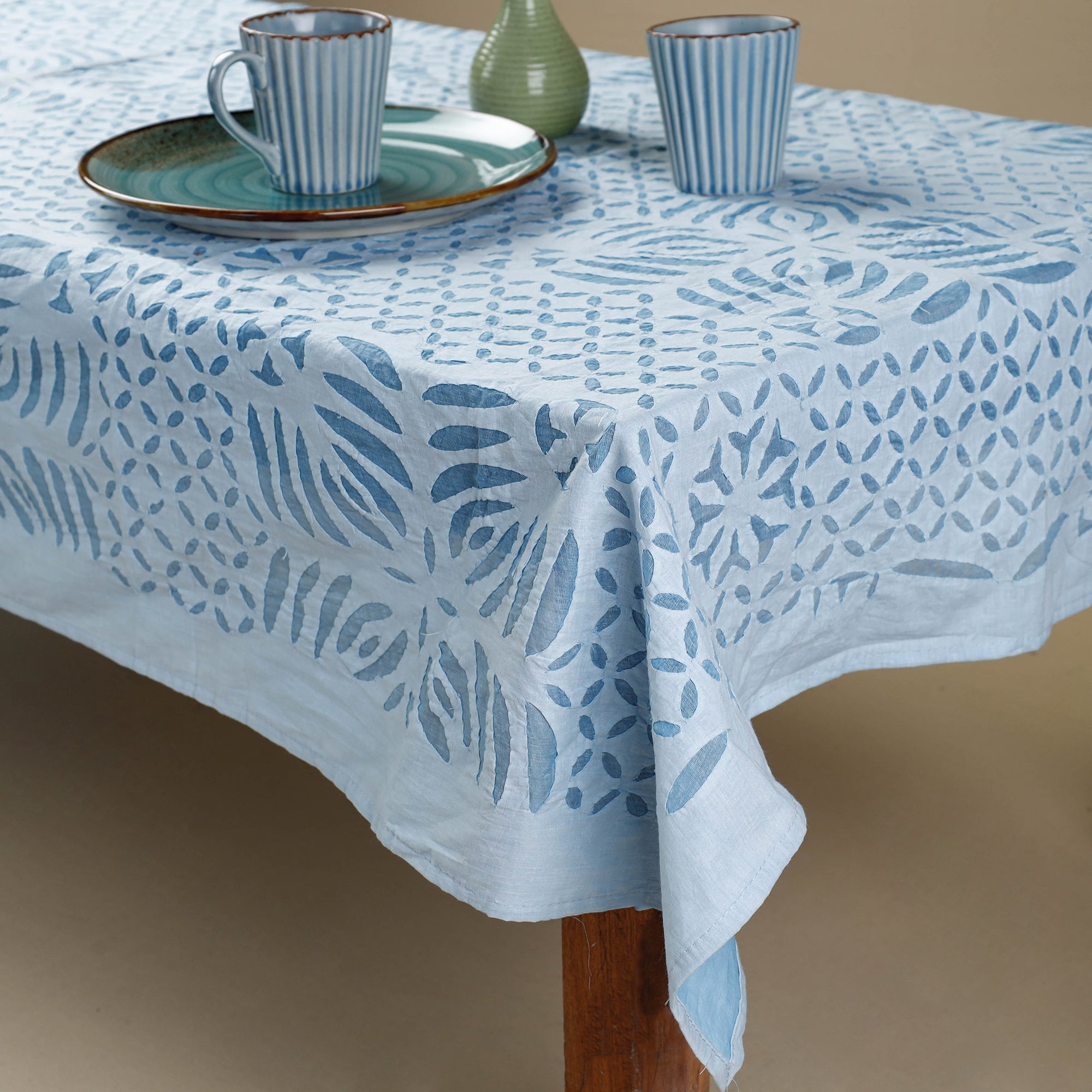 SHADES OF MARUDHARA Blue - Applique Cutwork Cotton Table Cover - 4 Seater