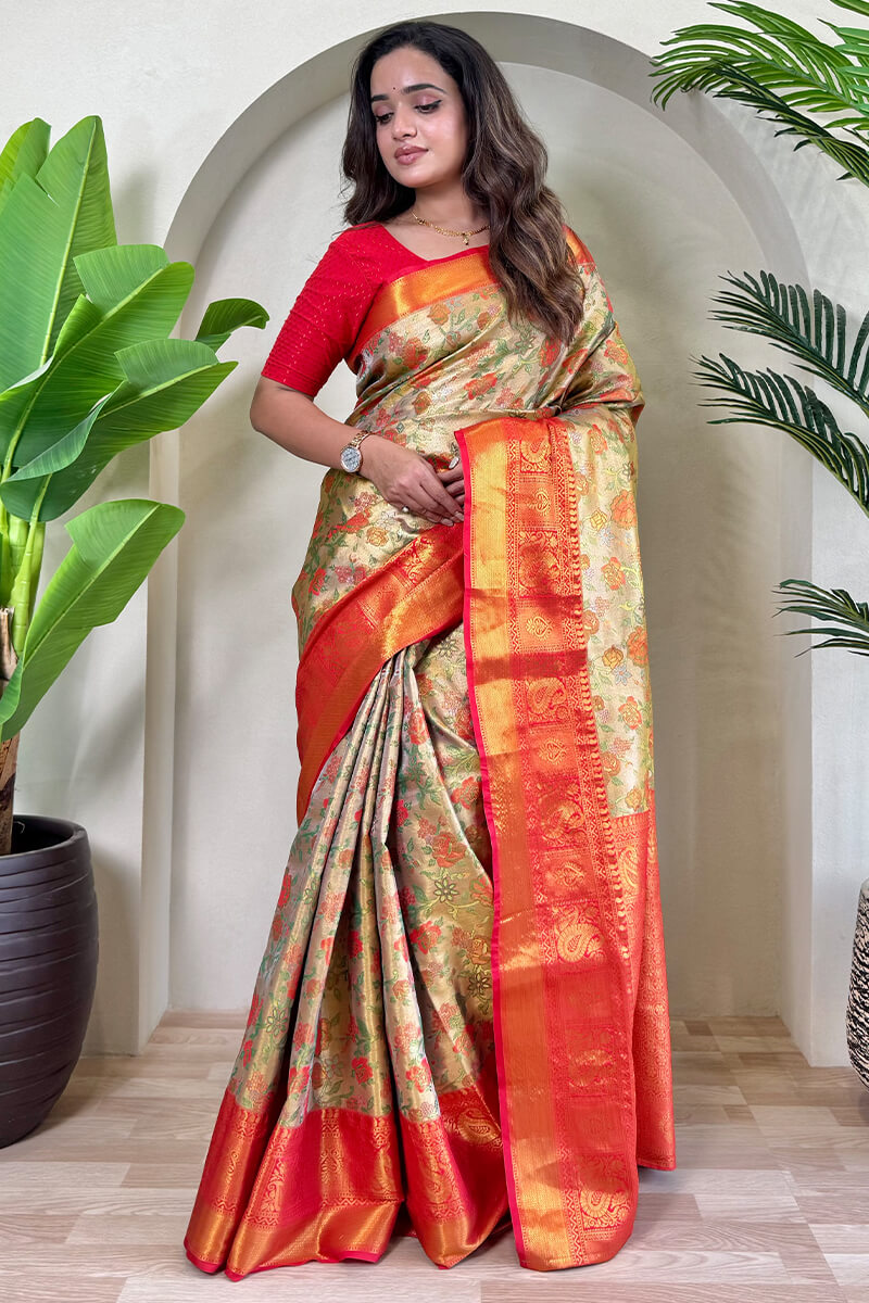 Tasrika Lovely Beige and Red Kanjivaram Silk Saree With Fancifull Blouse Piece