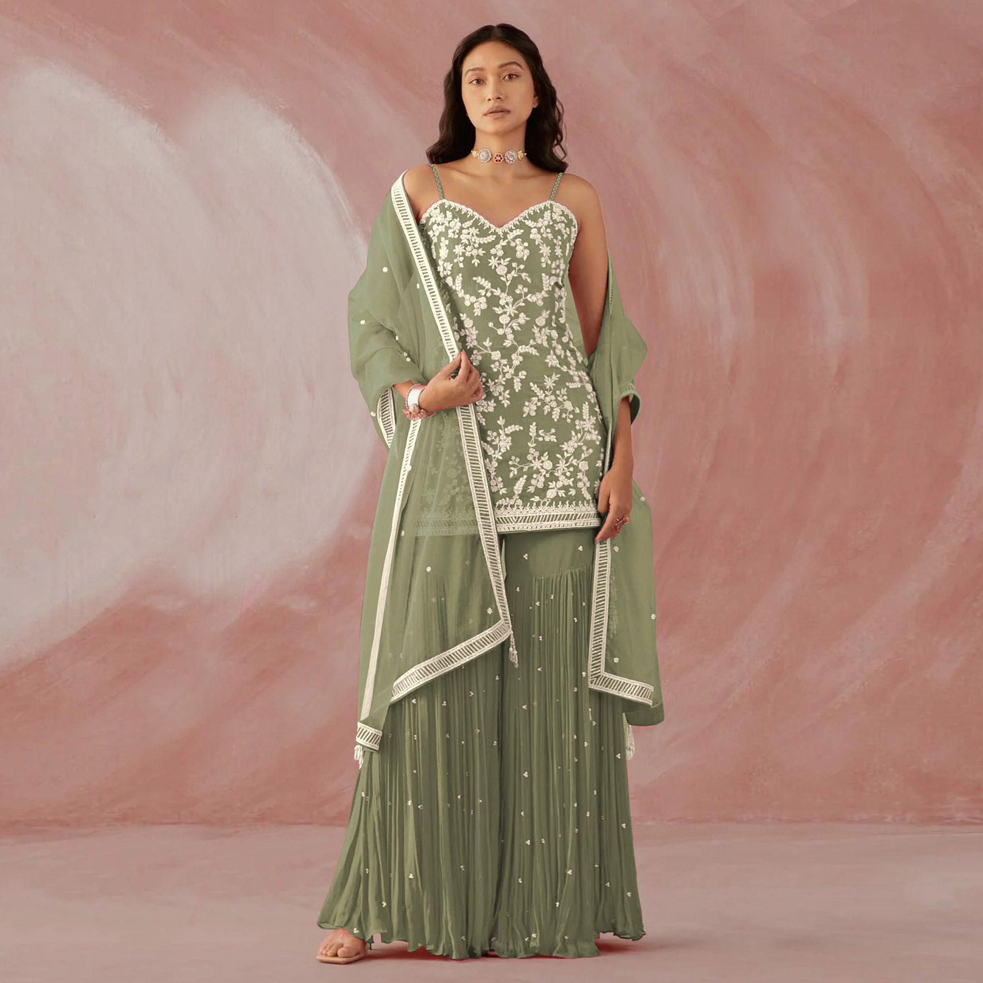 Peachmode Mehndi Green Floral Sequins Embroidered Georgette Sharara Suit - view 2
