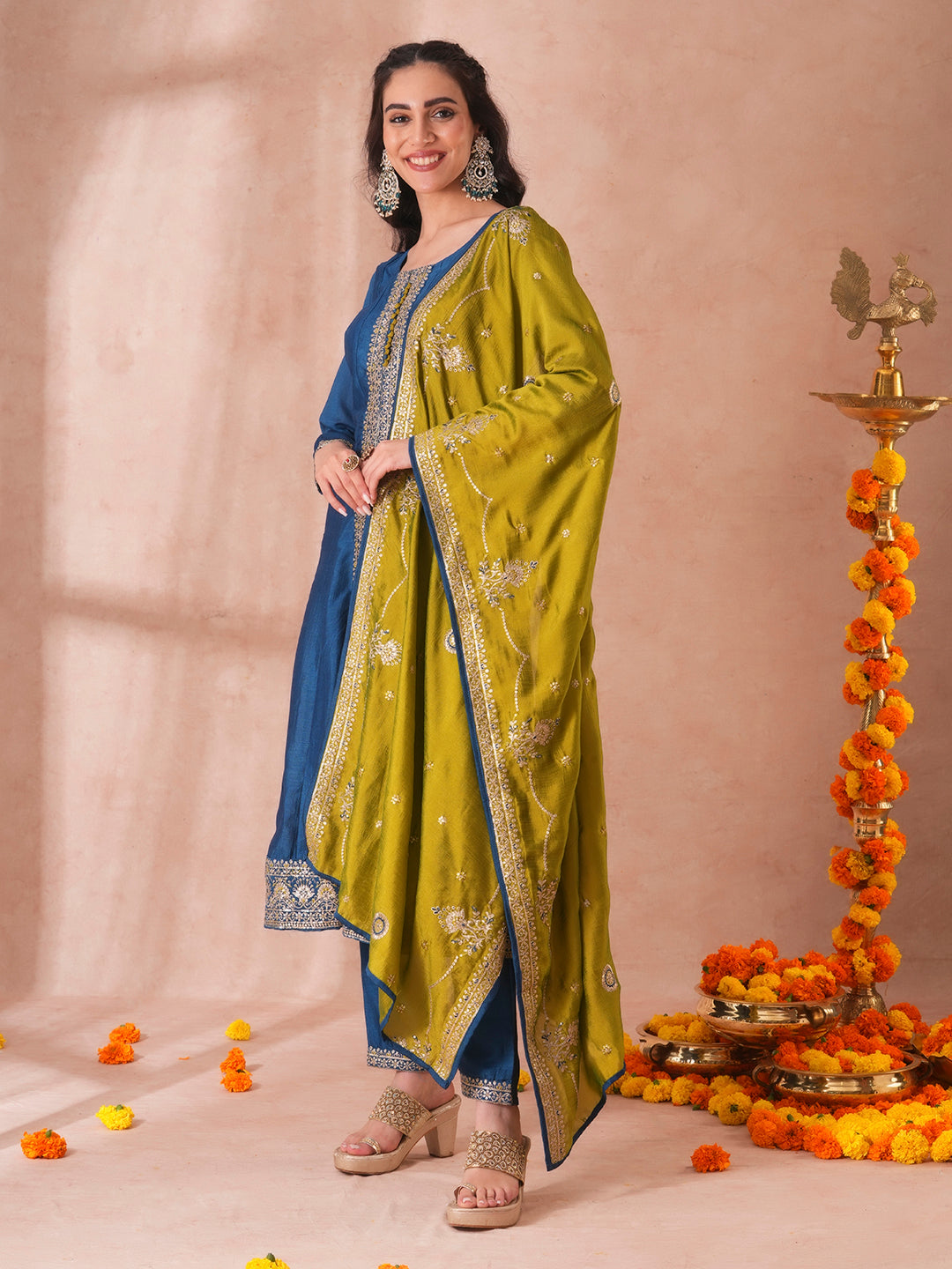 FASHOR Solid Ethnic Sequin Embroidered Anarkali Kurta with Pant and Dupatta - Teal Blue - view 4